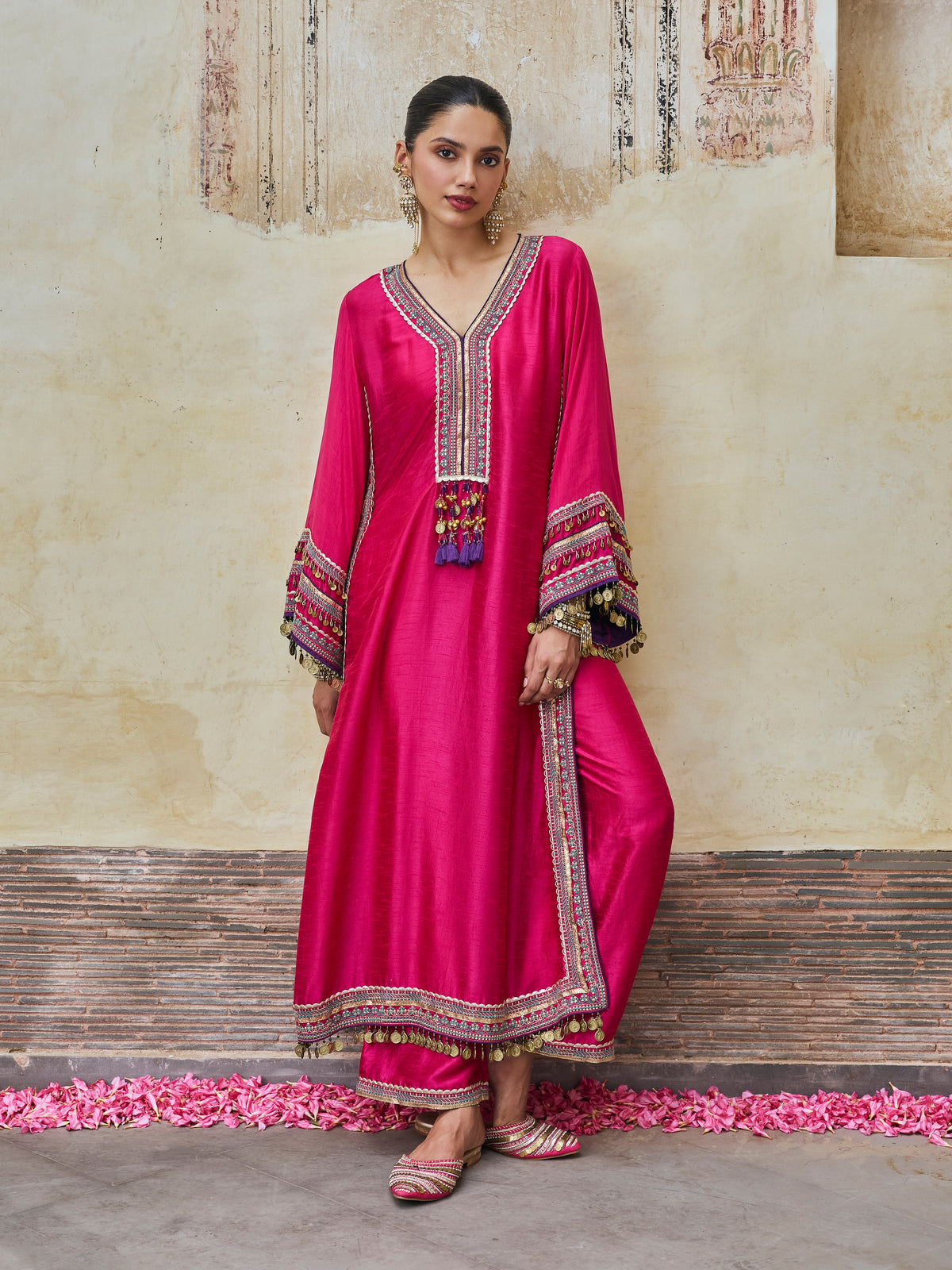 Shaabni Bemberg Raw Silk Fuchsia Kaftan Set