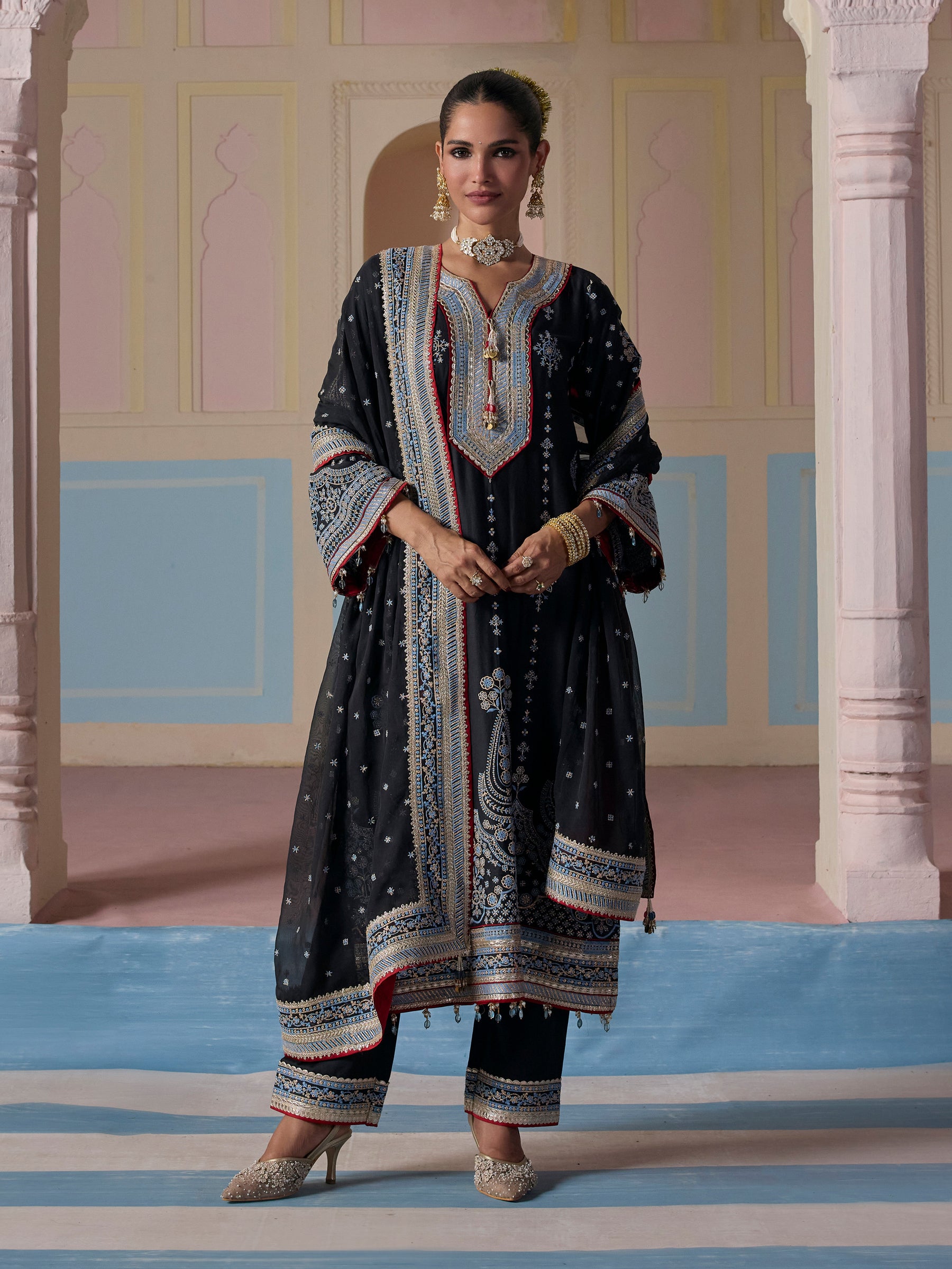 Ovee Pima Satin Black Long Kurta Set