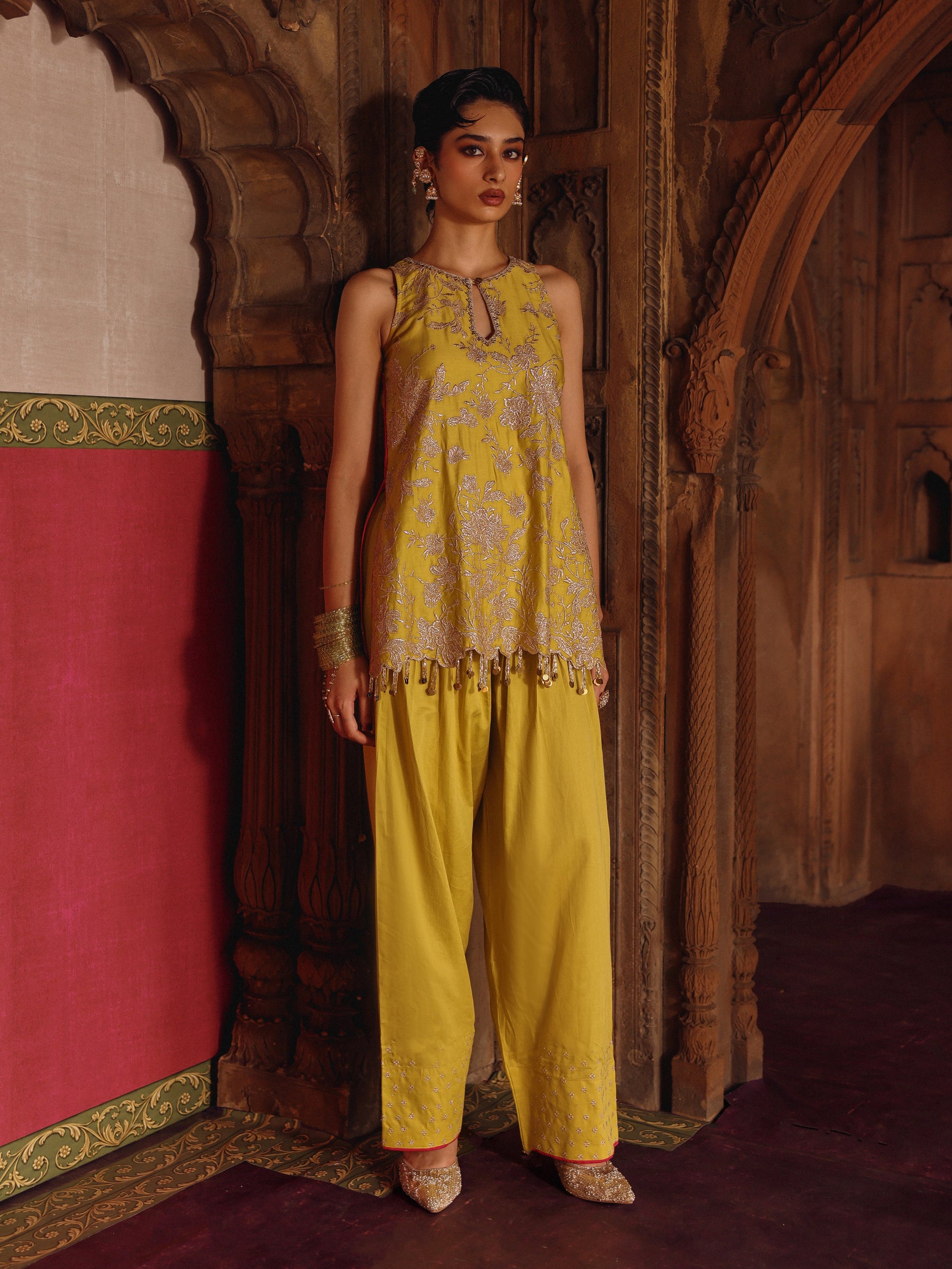 Mala Pima Satin Lime Kurta with Farshi Pants