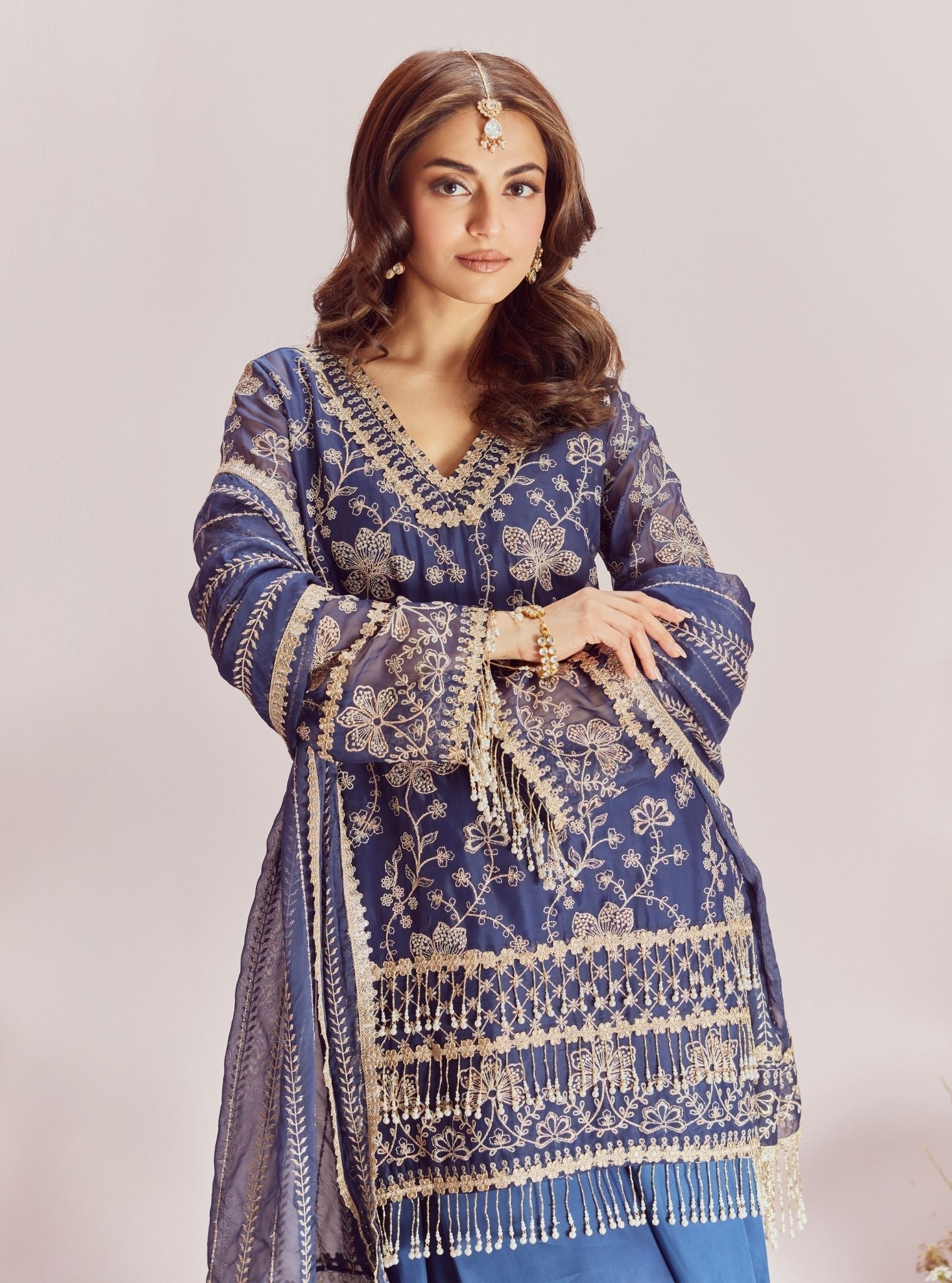 Mulmul Organza Raag Navy Kurta With Mulmul Cupro Satin Raag Navy Sharara