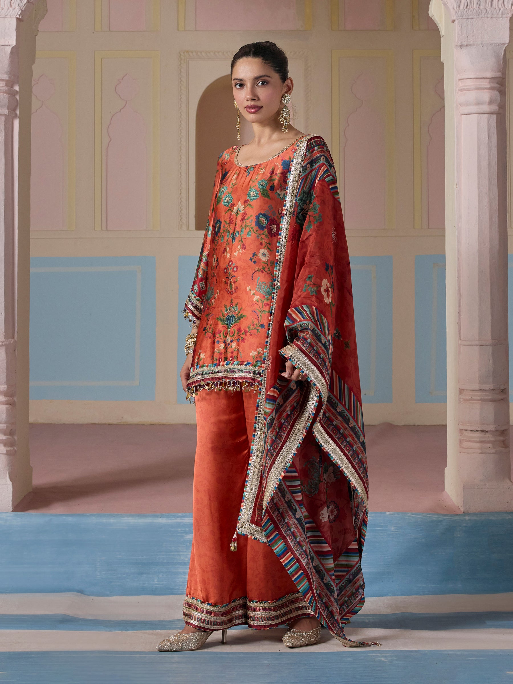Gheva Cupro Satin Printed Orange Kurta Set
