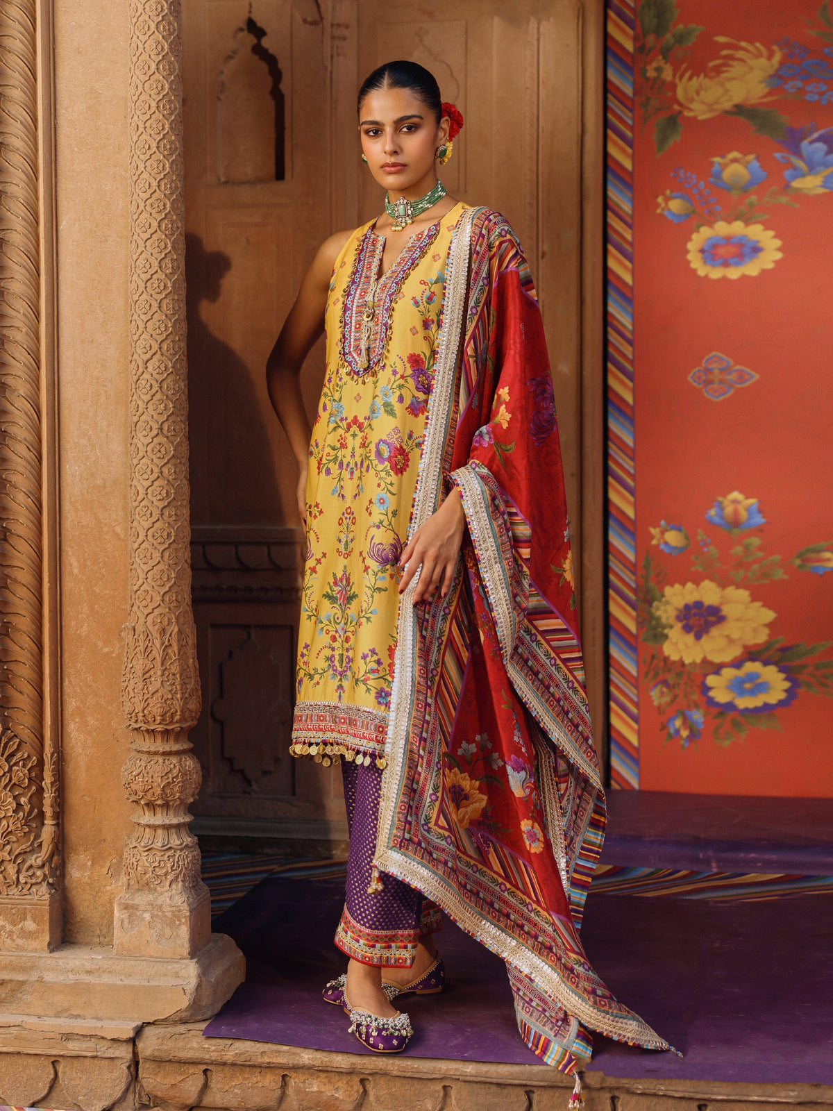 Kair Pima Satin Printed Mustard Kurta Set