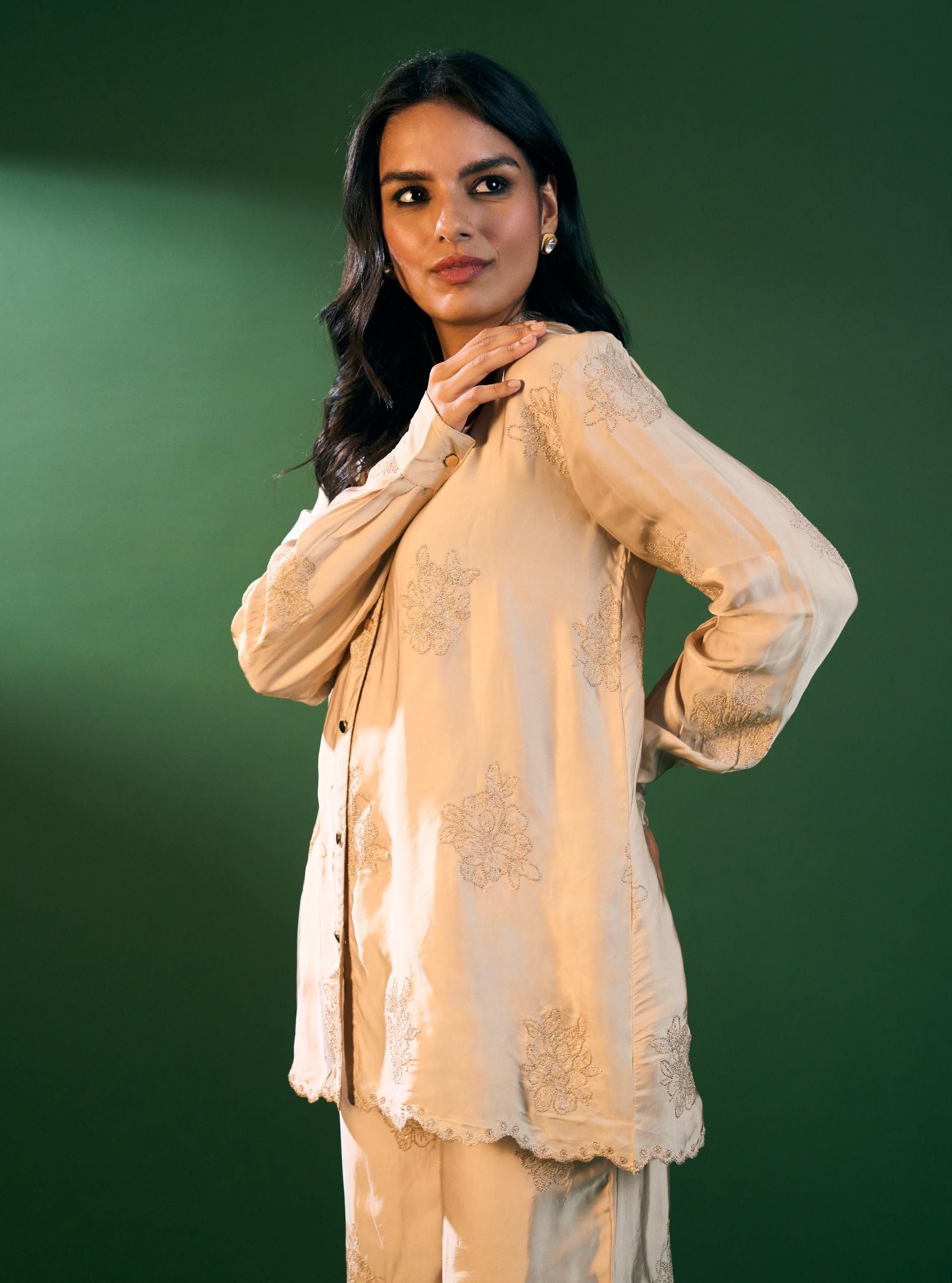 Mireille Cupro Satin Beige Shirt & Pant Set