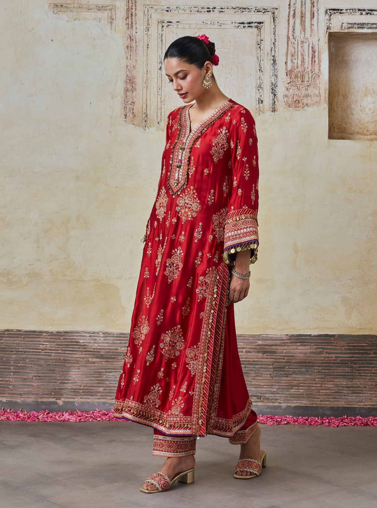 Koyal Cupro Satin Red Kaftan Set