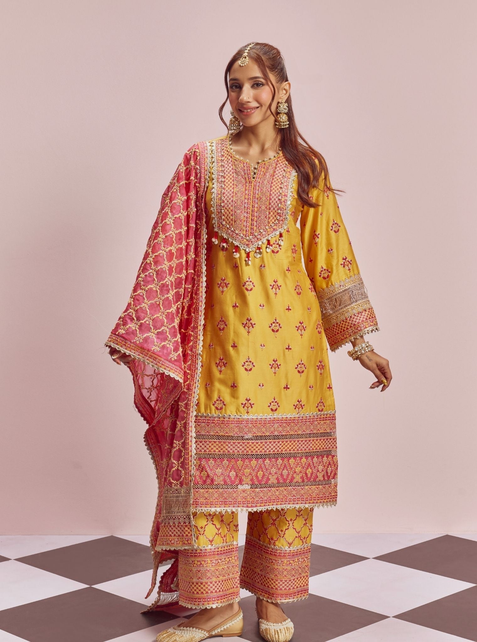 Mulmul Pima Satin Shagun Yellow Kurta With Mulmul Pima Satin Shagun Yellow Pant