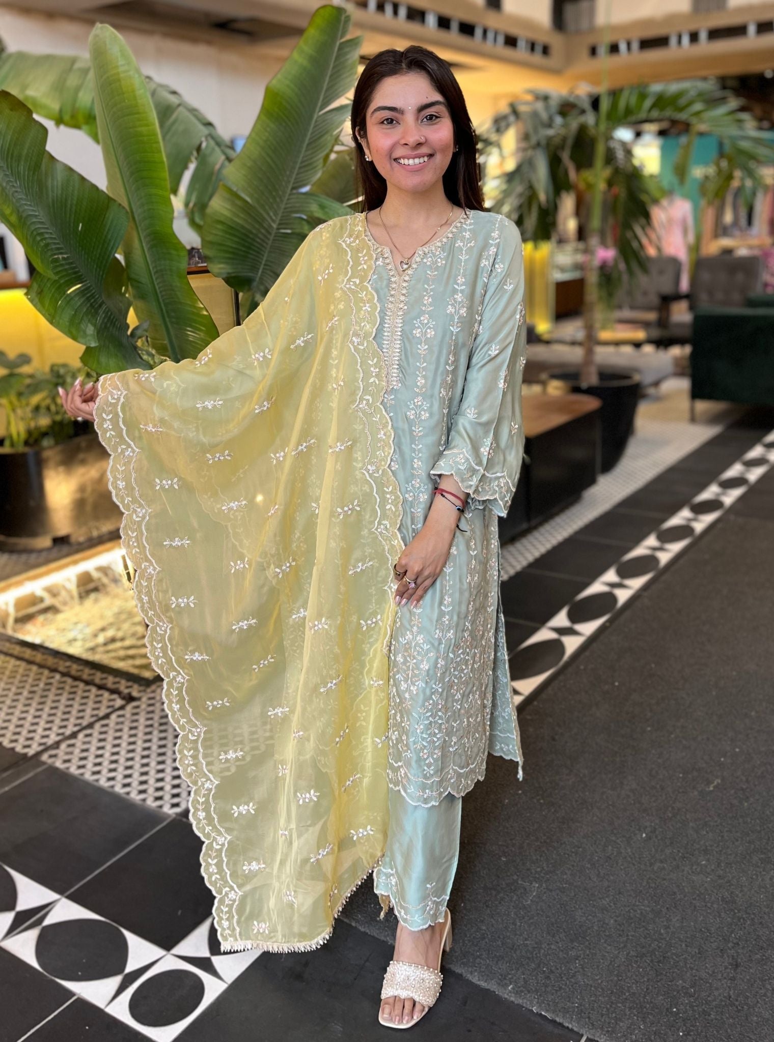 Tasanee Cupro Satin Sage Green Kurta Set