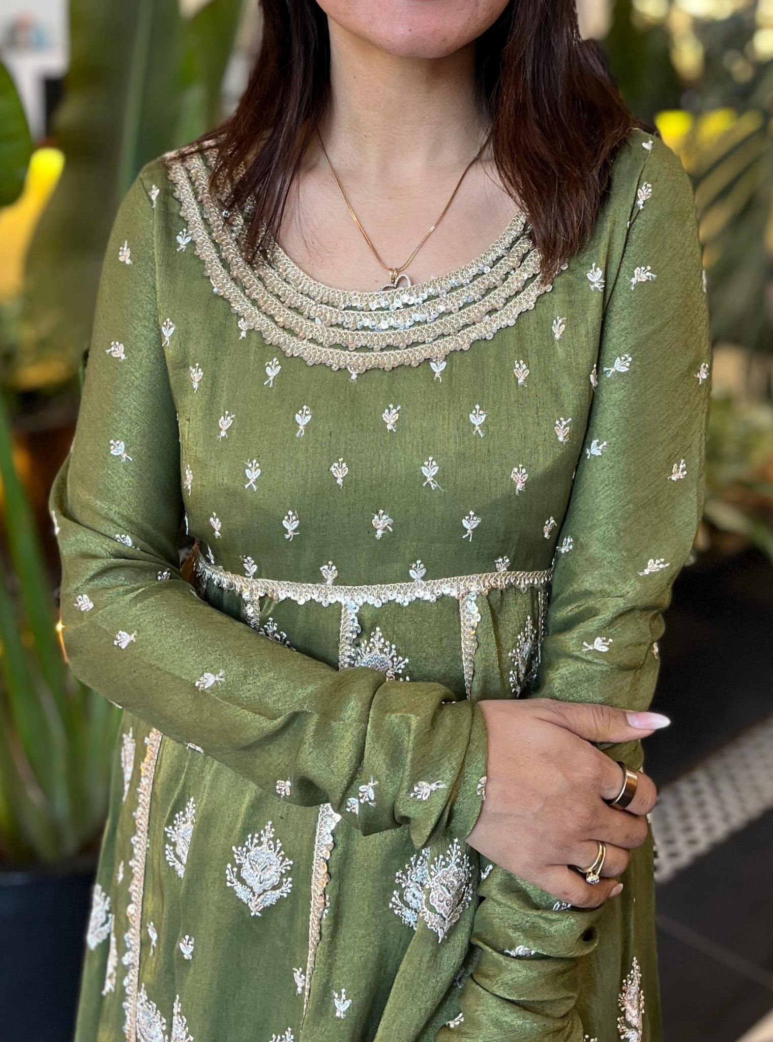 Gulabo Tissue Linen Satin Green Anarkali Kurta Set