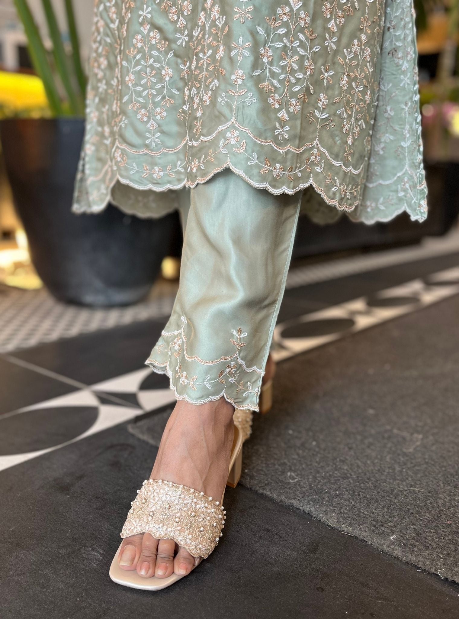 Tasanee Cupro Satin Sage Green Kurta Set