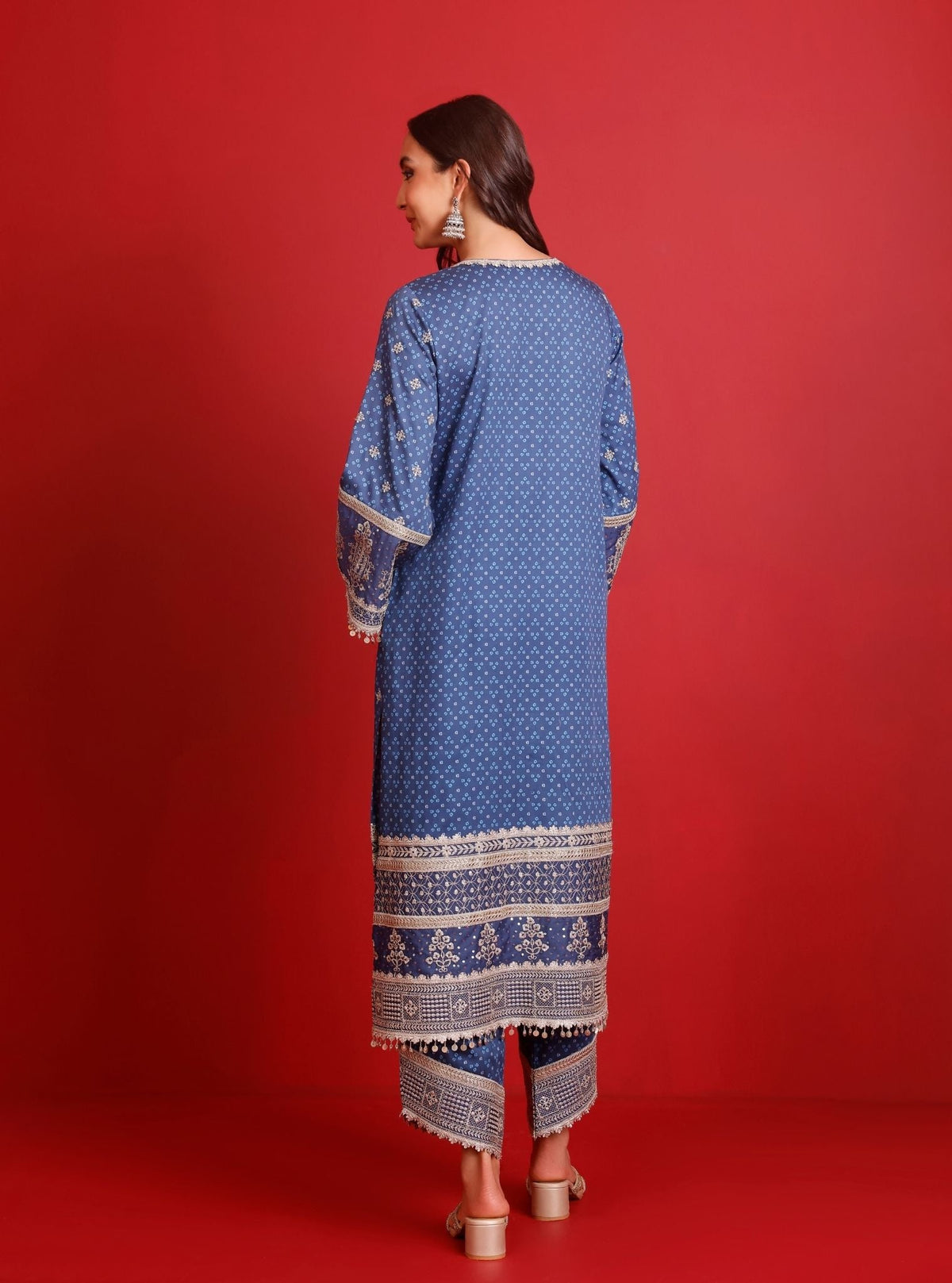Lari Pima Satin Printed Navy Kurta Set