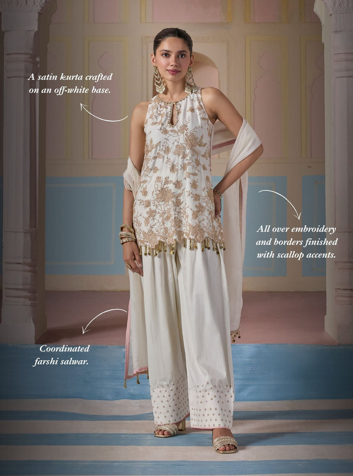Mala Pima Satin Off White Kurta with Farshi Pants