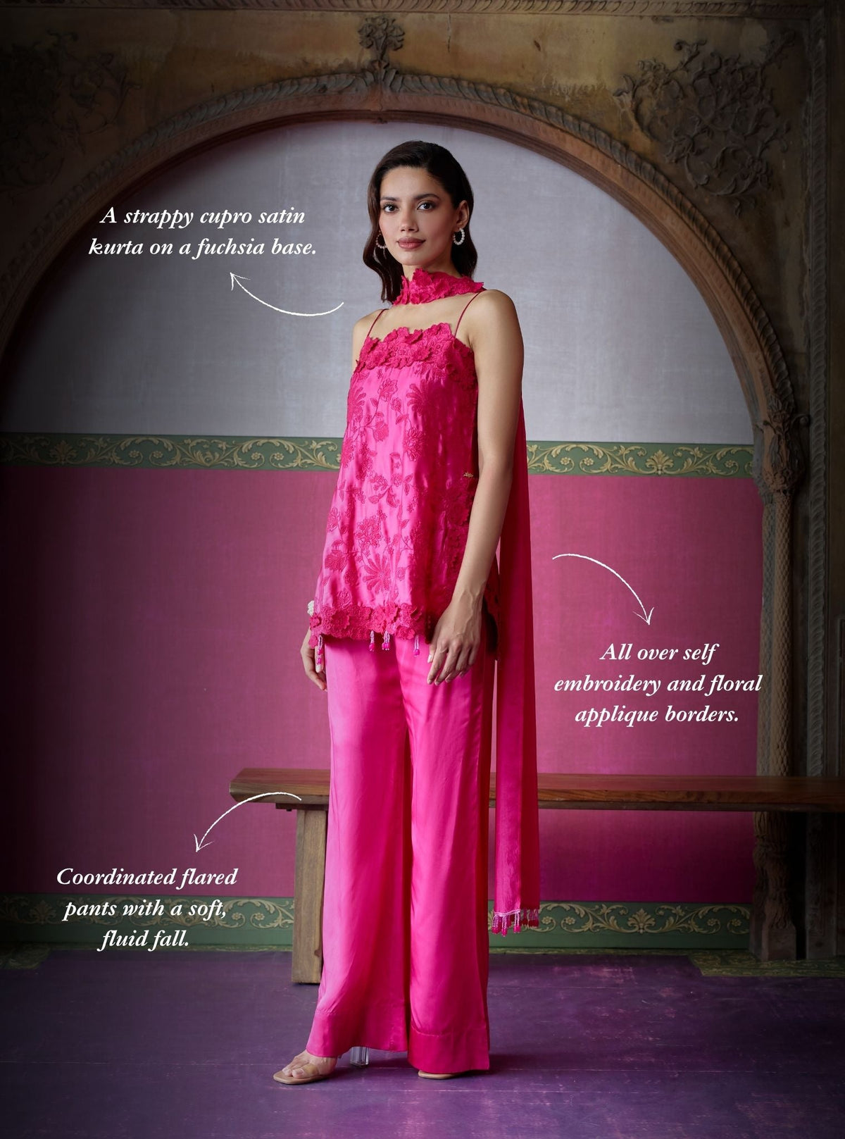 Jheel Cupro Satin Fuchsia Short Kurta Set