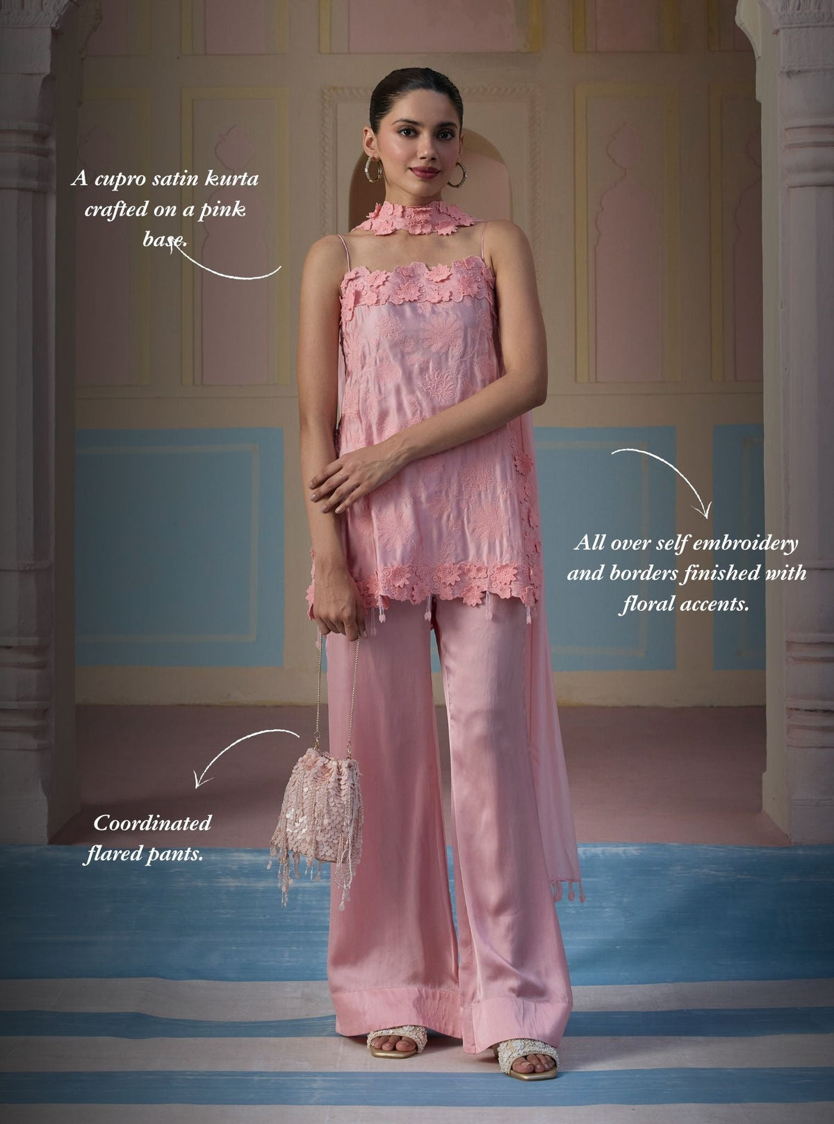 Jheel Cupro Satin Pink Short Kurta Set
