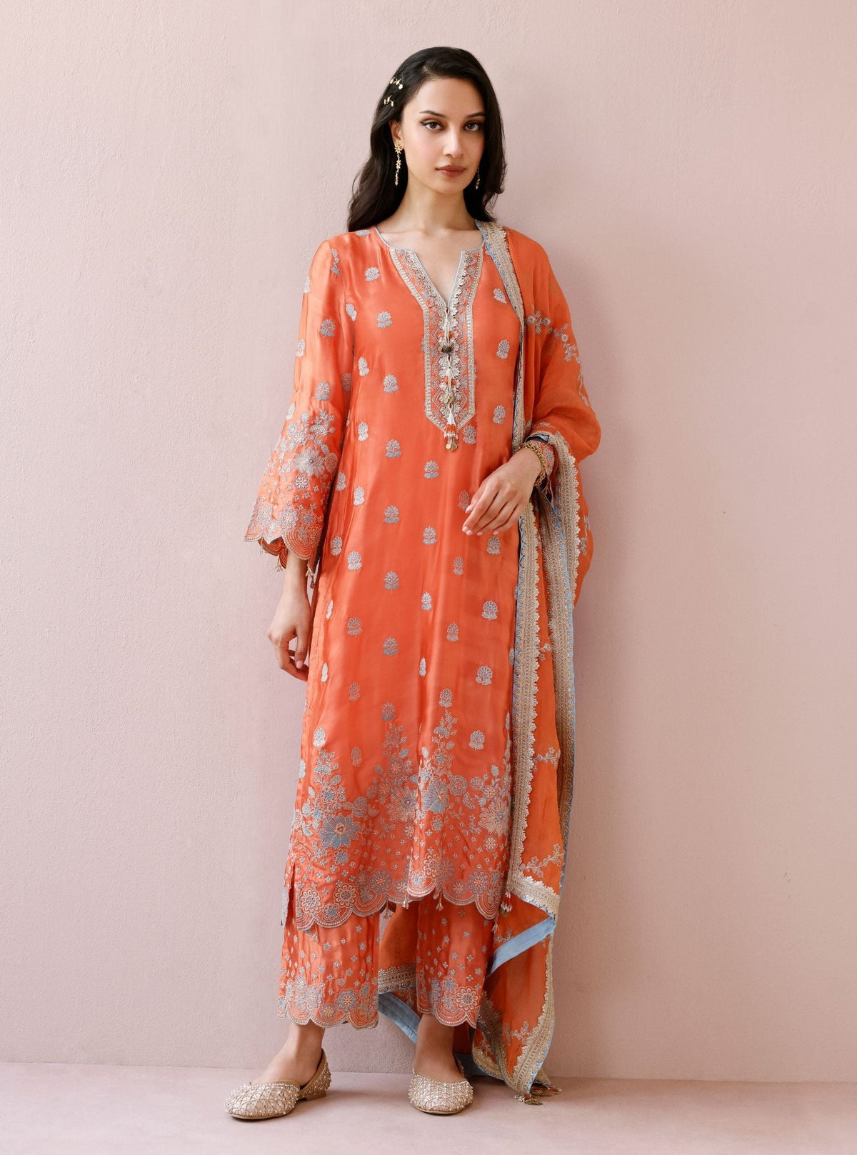 Laina Cupro Satin Orange Long Kurta Set