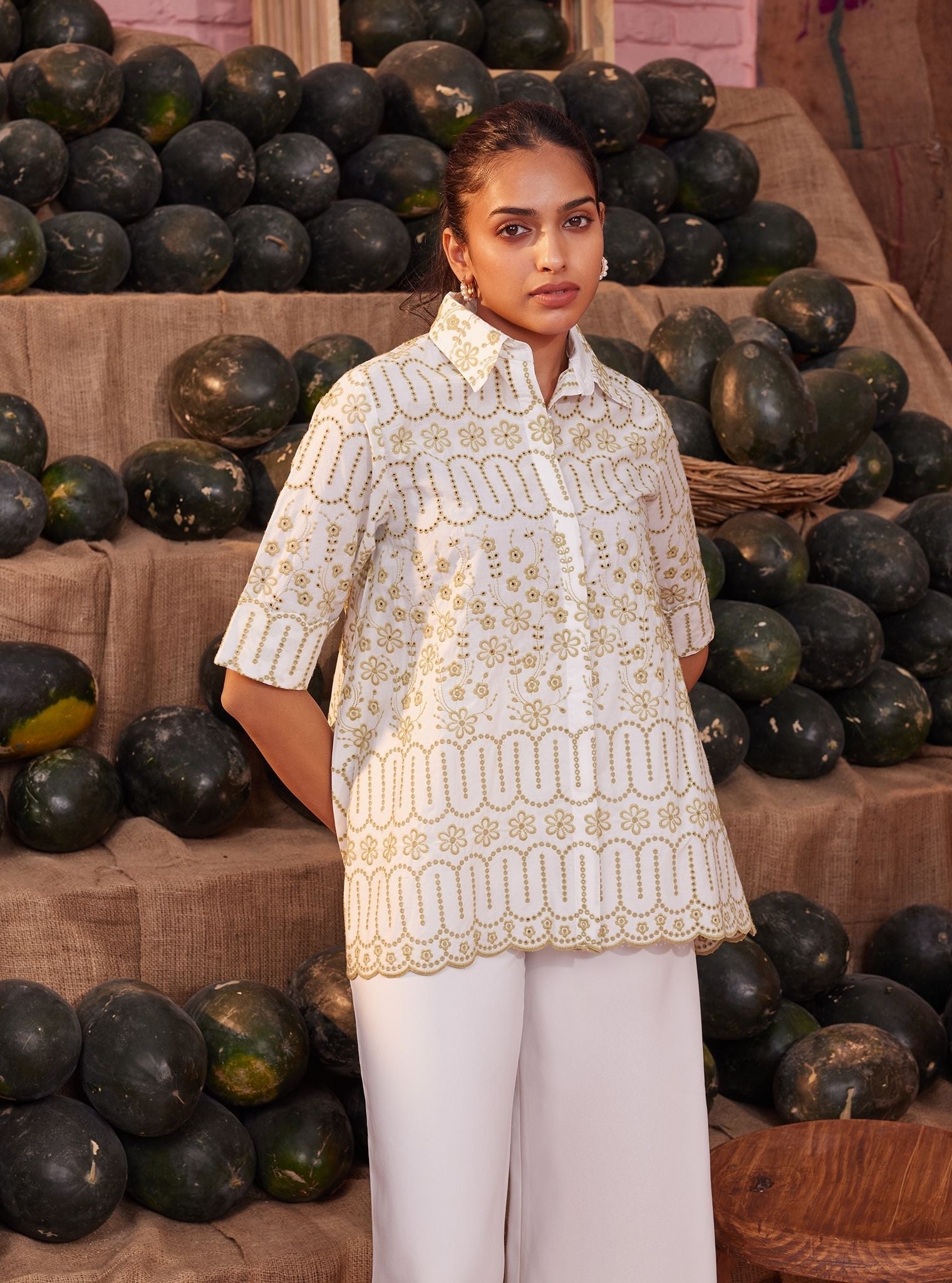 Erica Cotton White Green Shirt