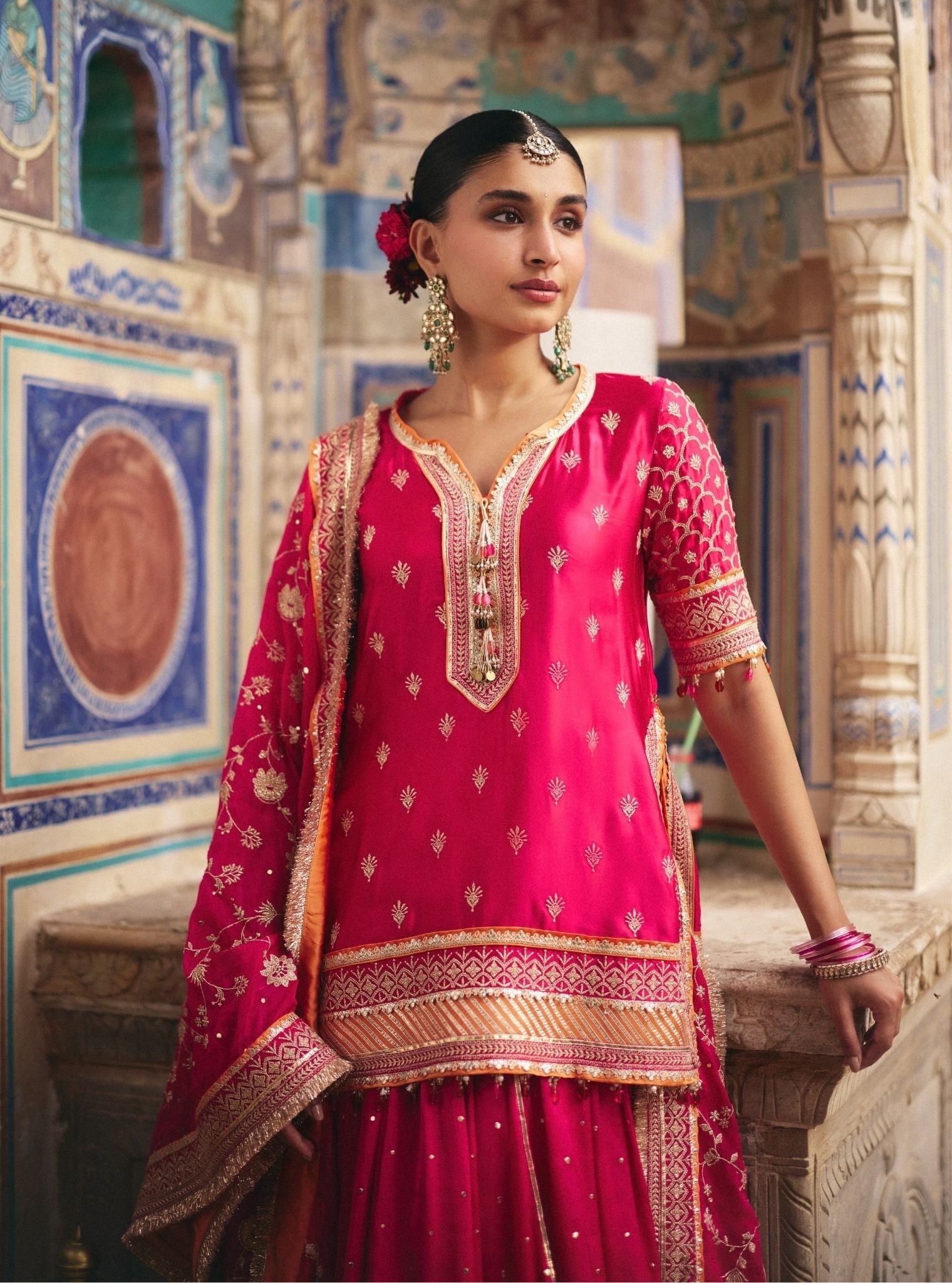 Talai Cupro Satin Fuchsia Short Kurta with Lehenga