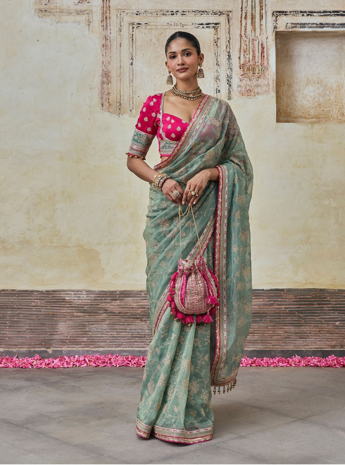 Parthi Lurex Organza Teal Saree with Raw Silk Blouse