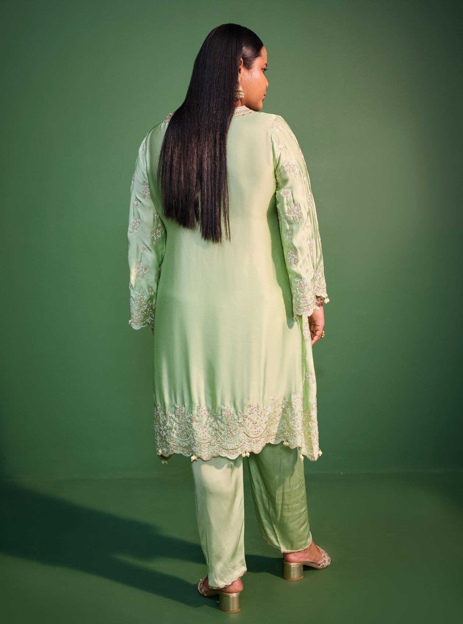 Mangalam Cupro Satin Green Kurta Set