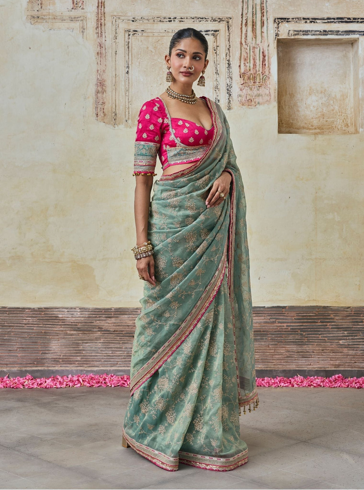 Parthi Lurex Organza Teal Saree with Raw Silk Blouse