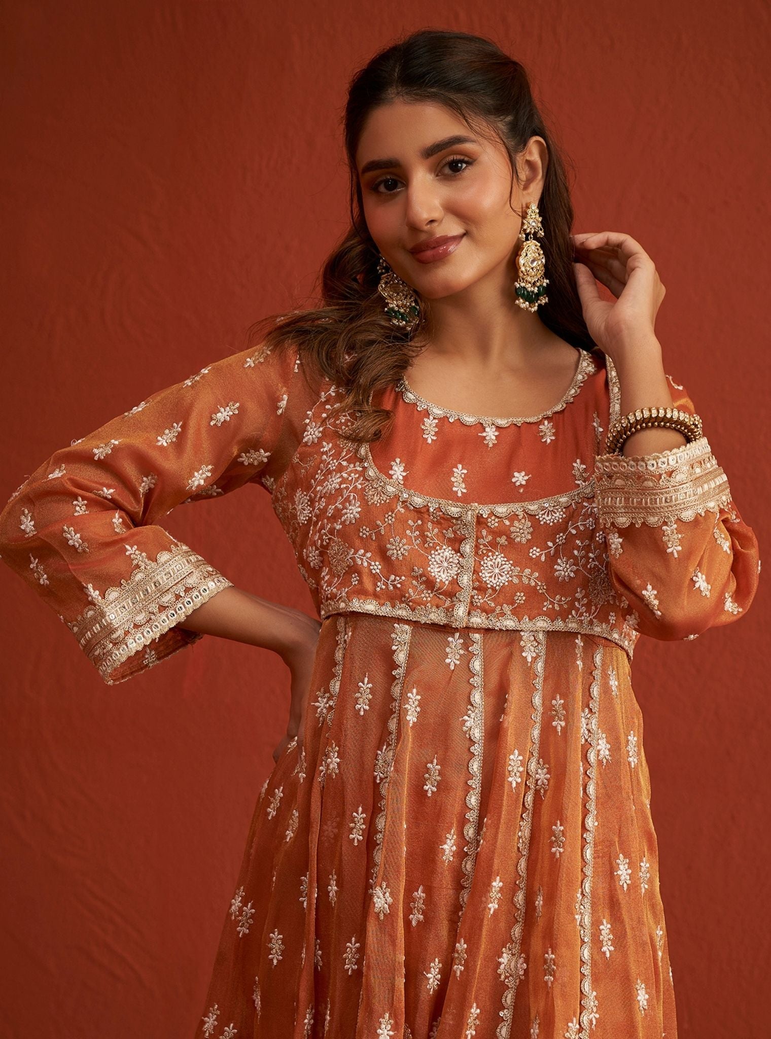 Genda Royal Tissue Burnt Orange Anarkali Kurta Set
