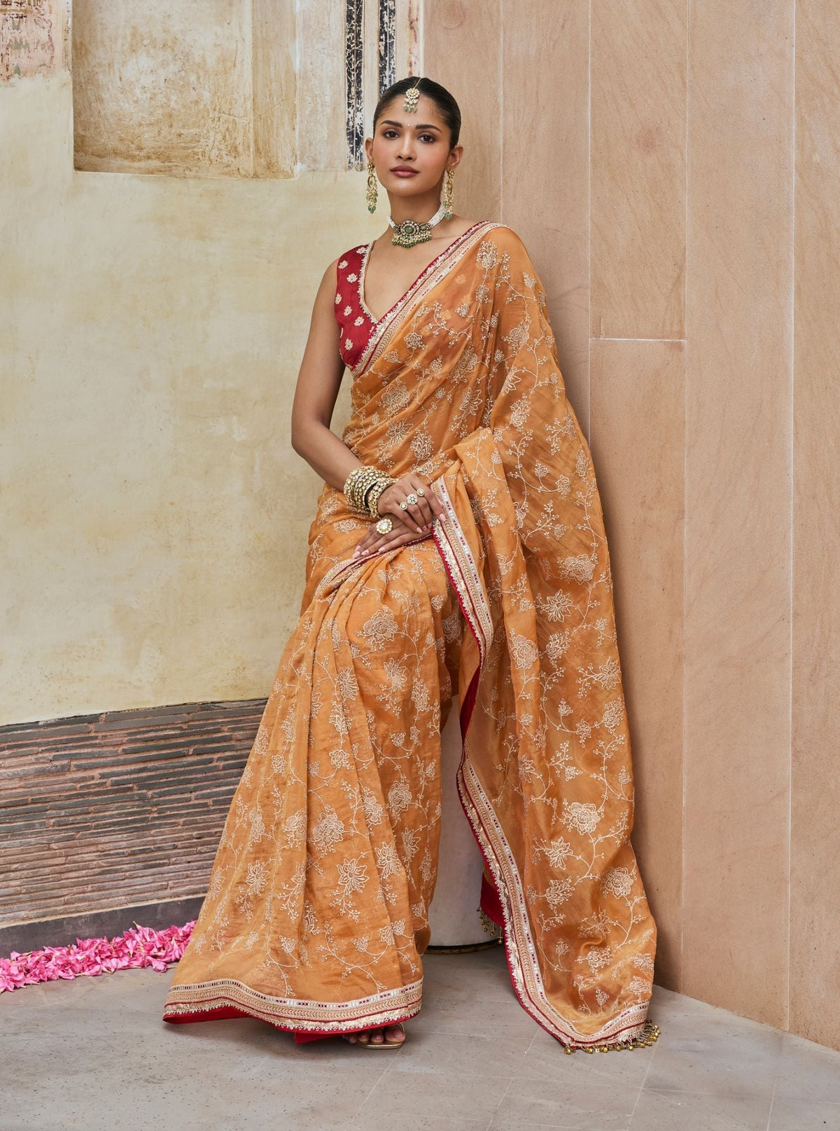 Parthi Lurex Organza Orange Saree with Raw Silk Blouse