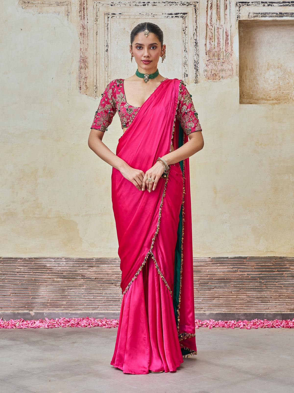 Saawari Cupro Satin Fuchsia Pre-draped Saree