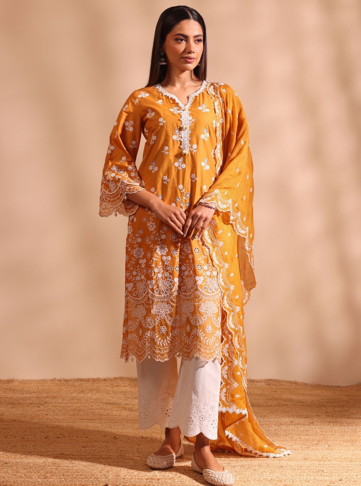 Mulmul Cotton Suma Orange Kurta With Mulmul Cotton Cosette White Pant