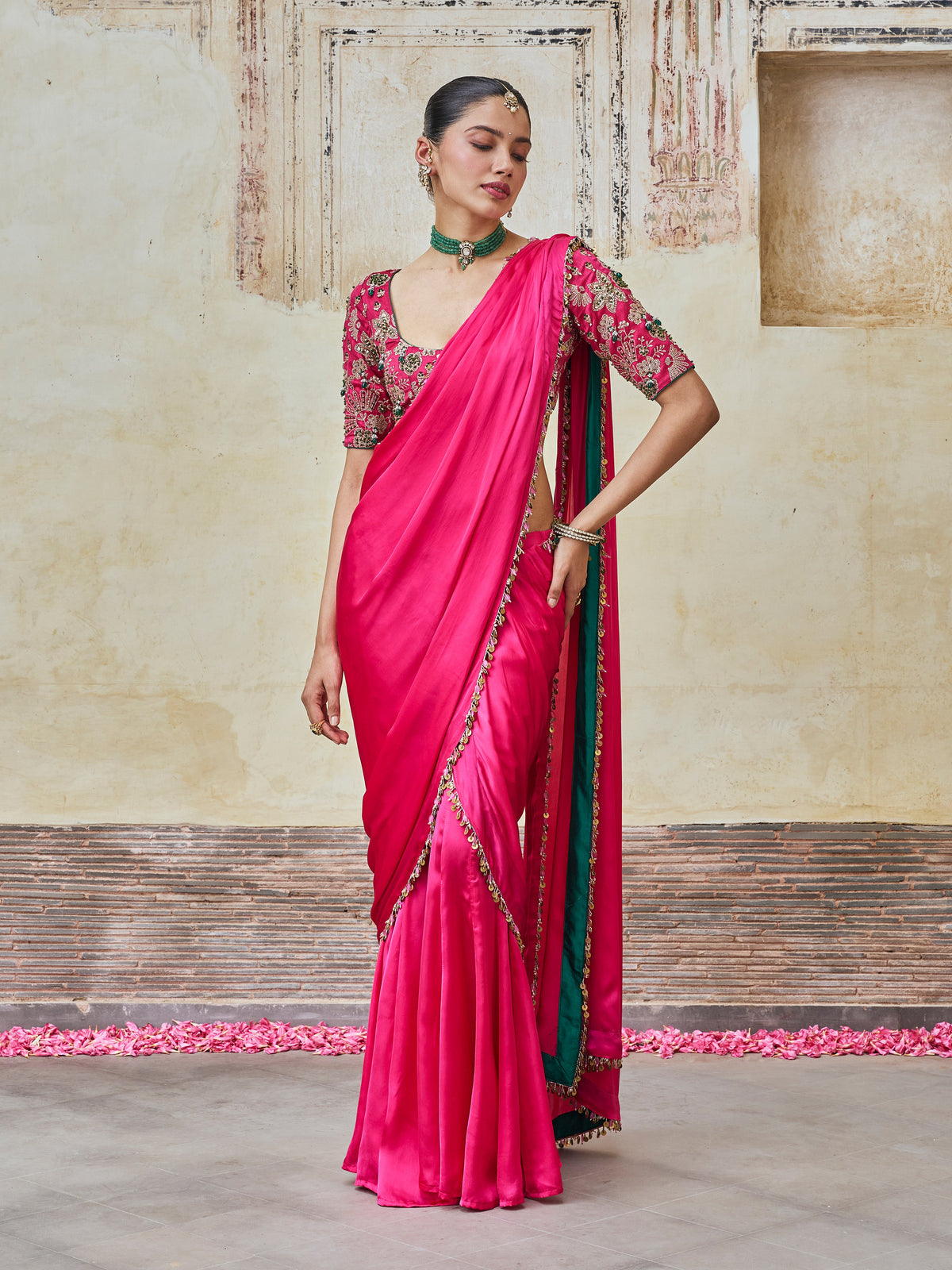 Saawari Cupro Satin Fuchsia Pre-draped Saree