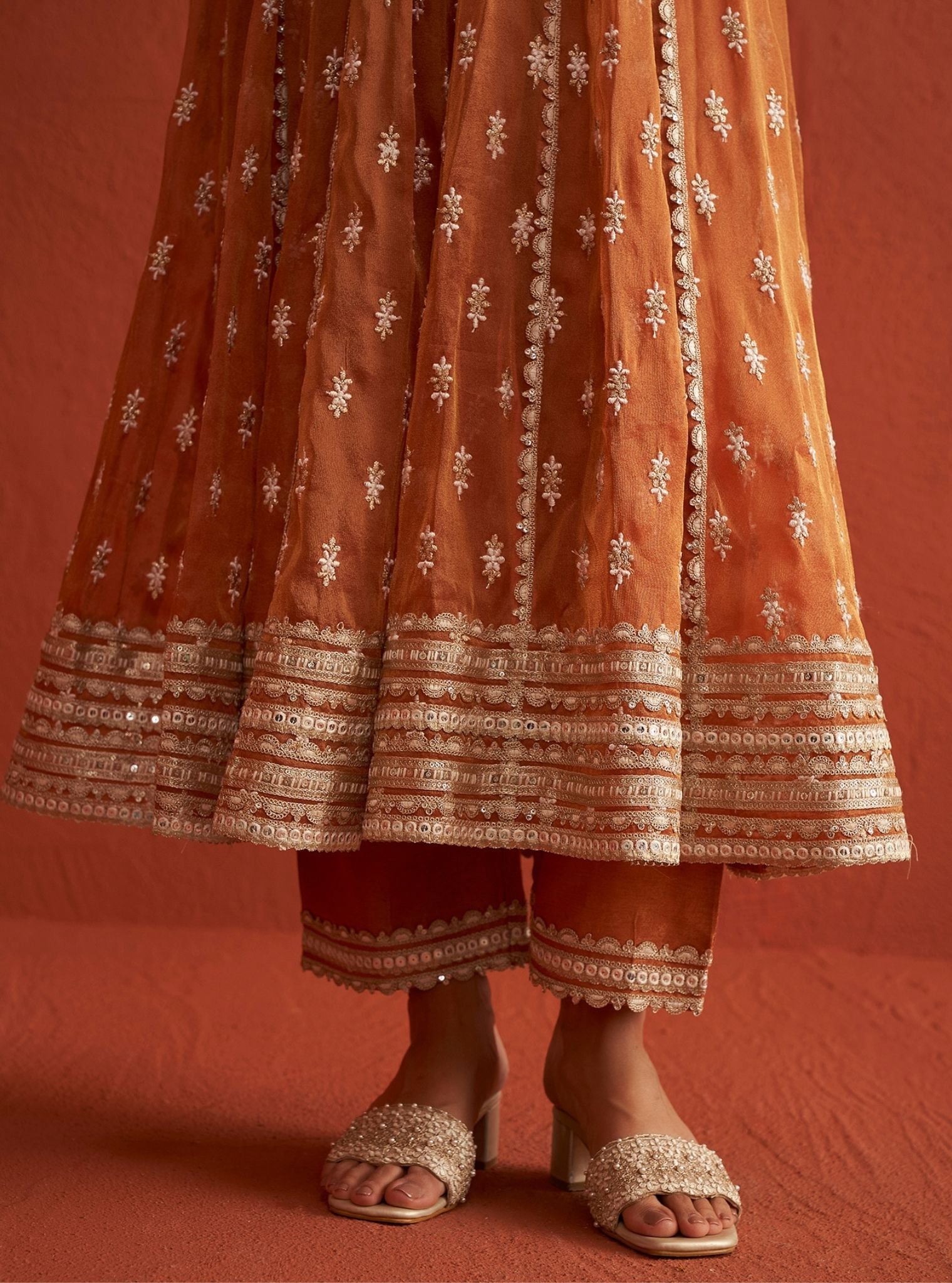 Genda Royal Tissue Burnt Orange Anarkali Kurta Set