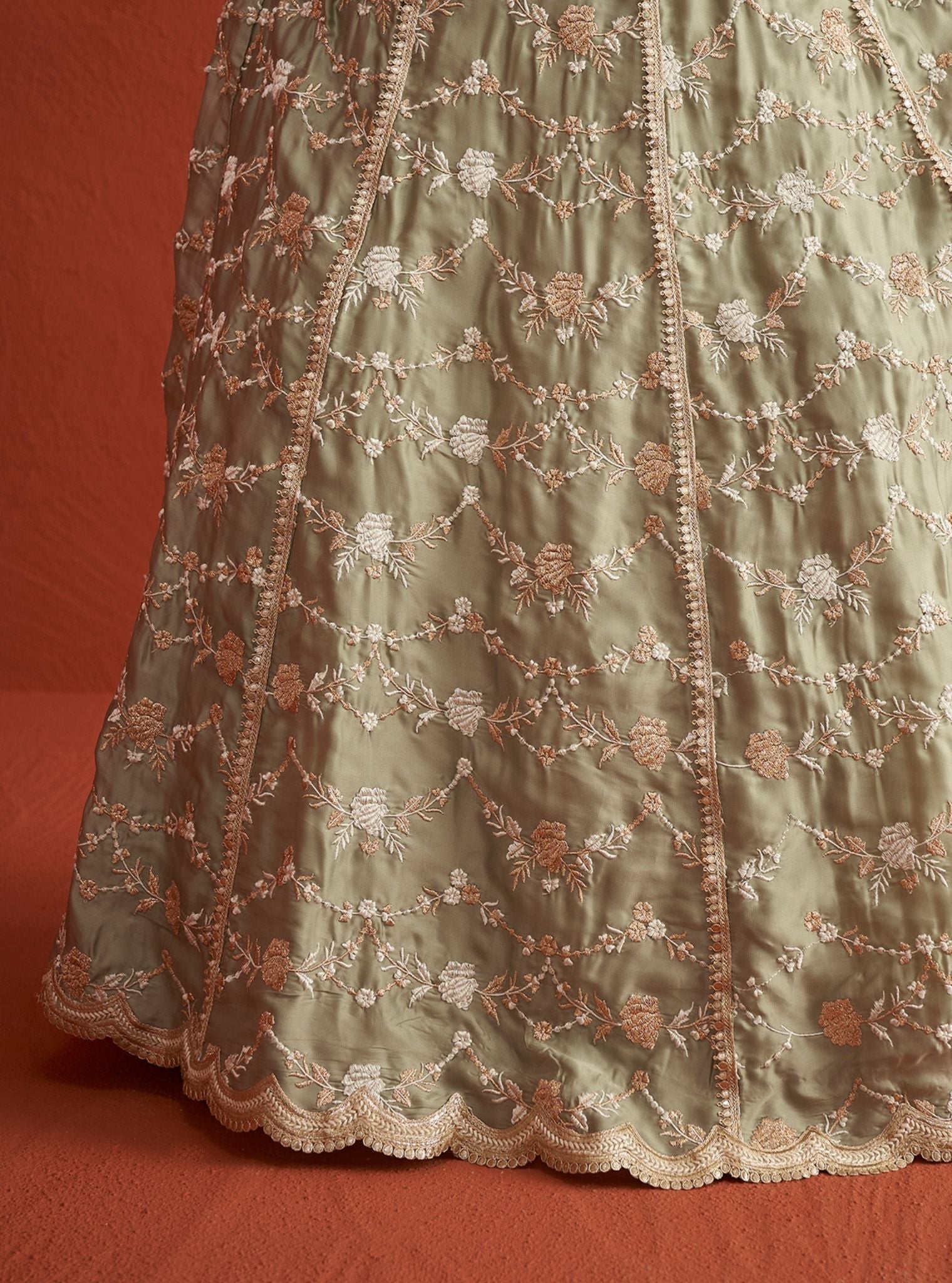 Mulmul Organza Satin Fitoor Sage Green Kurta With Mulmul Organza Satin Fitoor Sage Green Lehenga