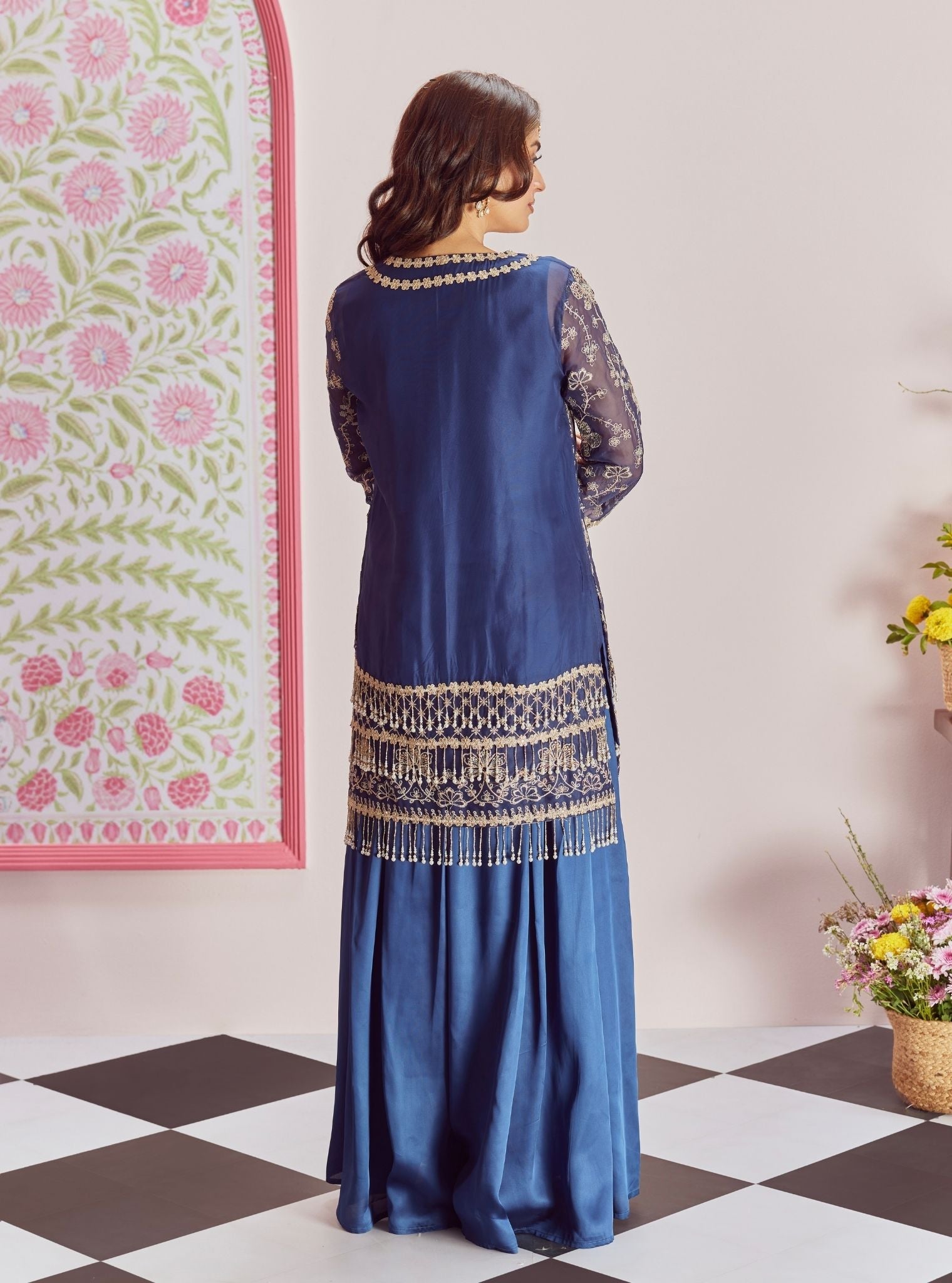 Mulmul Organza Raag Navy Kurta With Mulmul Cupro Satin Raag Navy Sharara