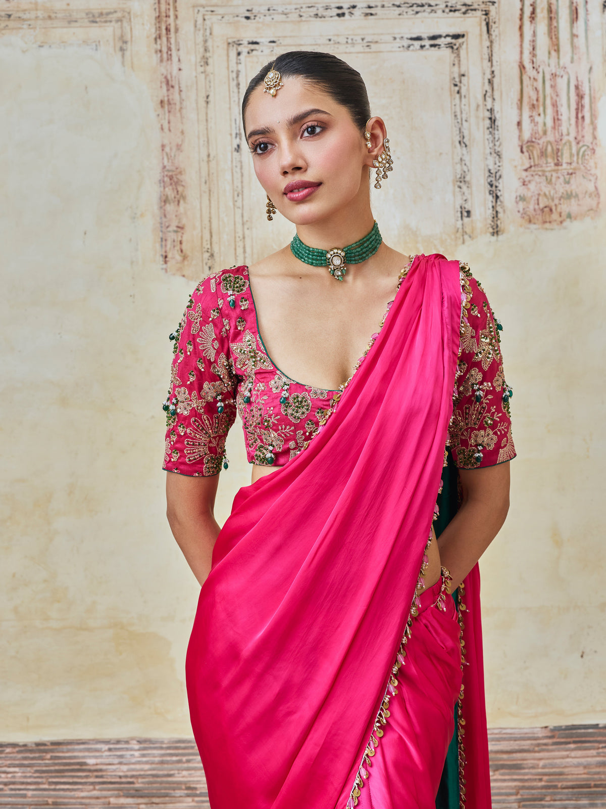 Saawari Cupro Satin Fuchsia Pre-draped Saree