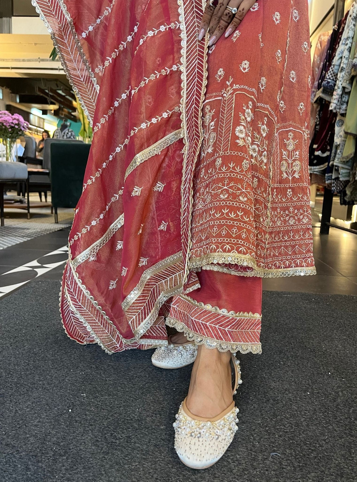 Mastani Luxe Tissue Satin Red Anarkali Kurta Set