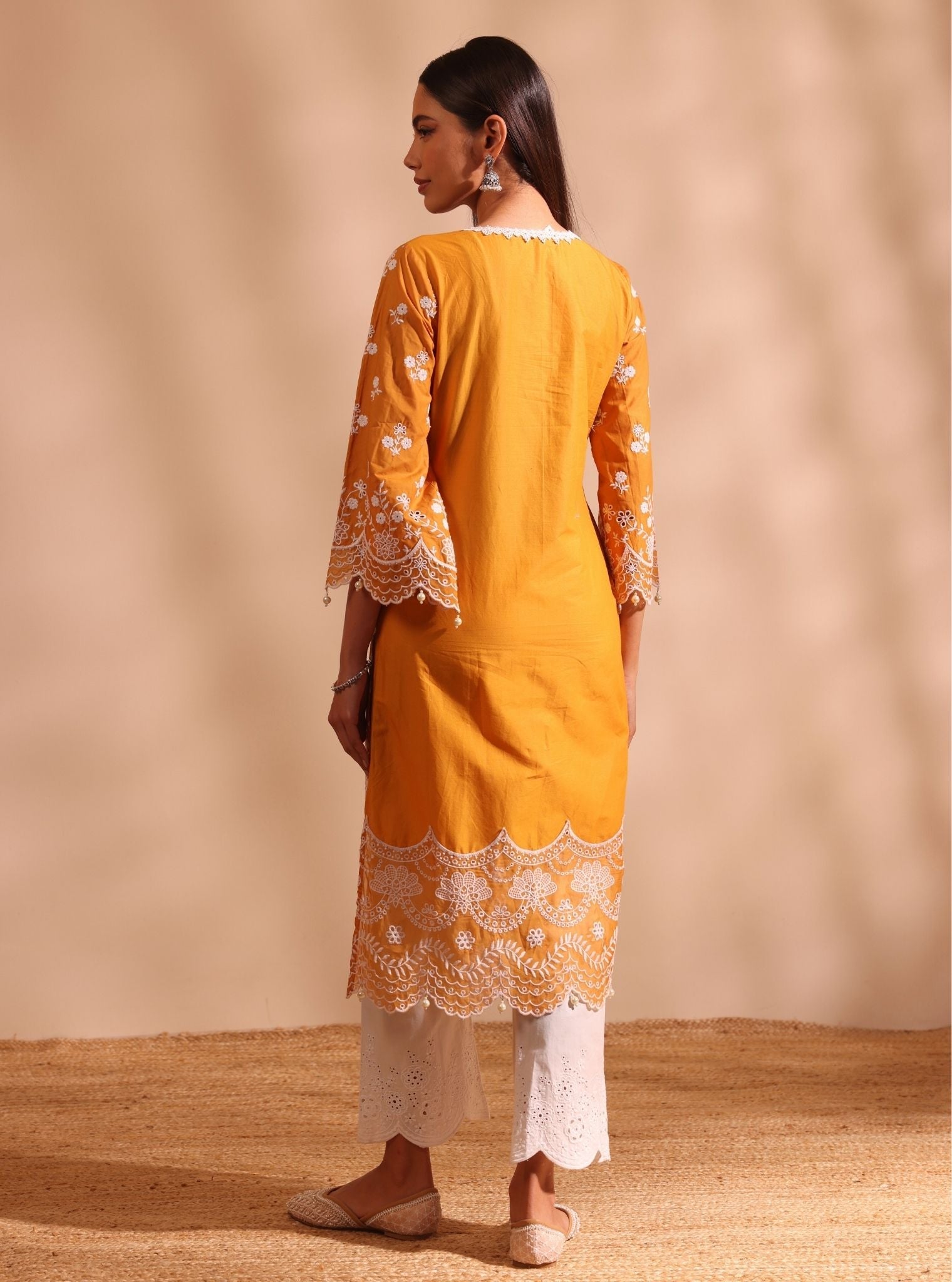 Mulmul Cotton Suma Orange Kurta With Mulmul Cotton Cosette White Pant