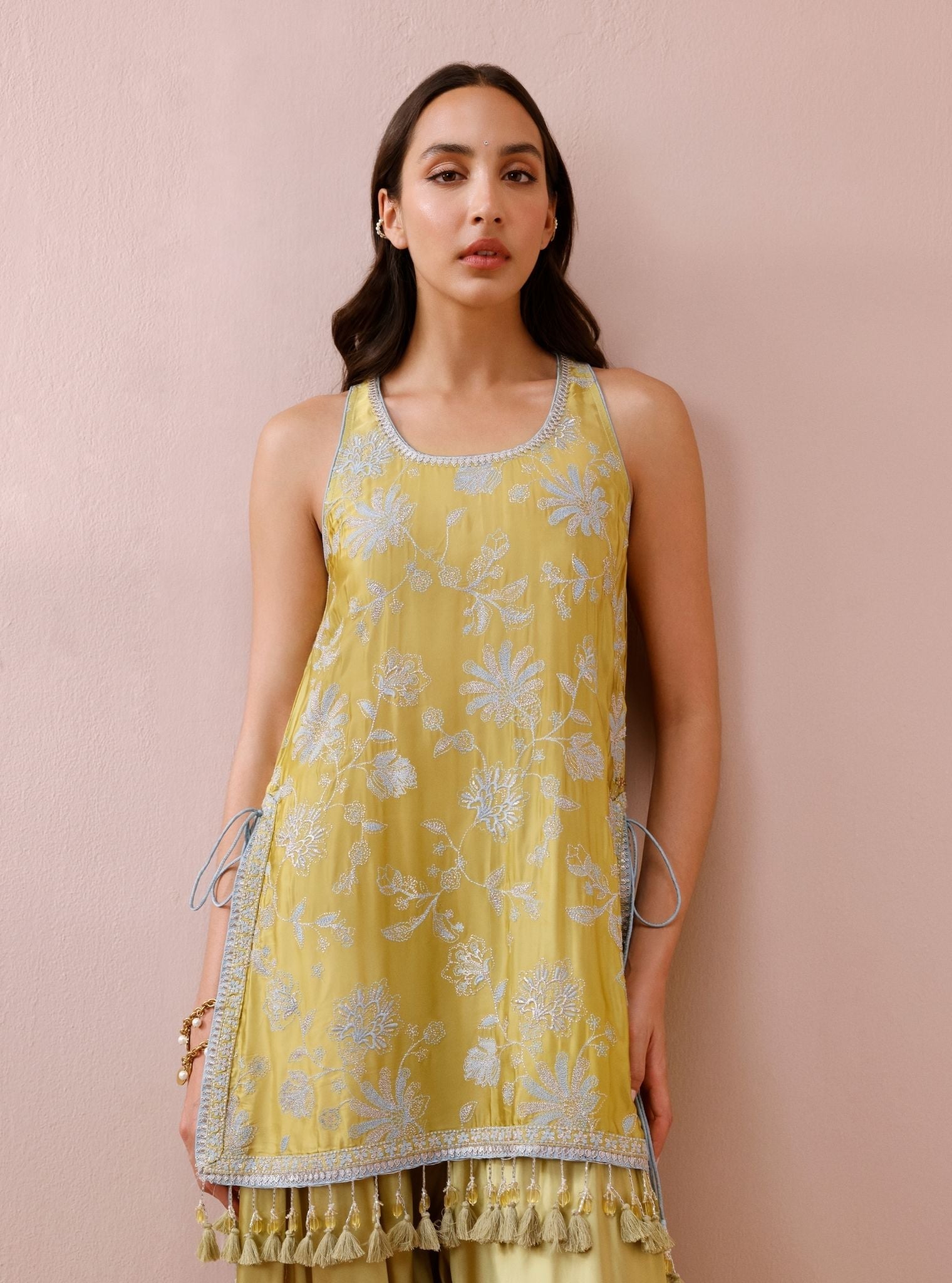 Zani Cupro Satin Lime Kurta with Draped Pants