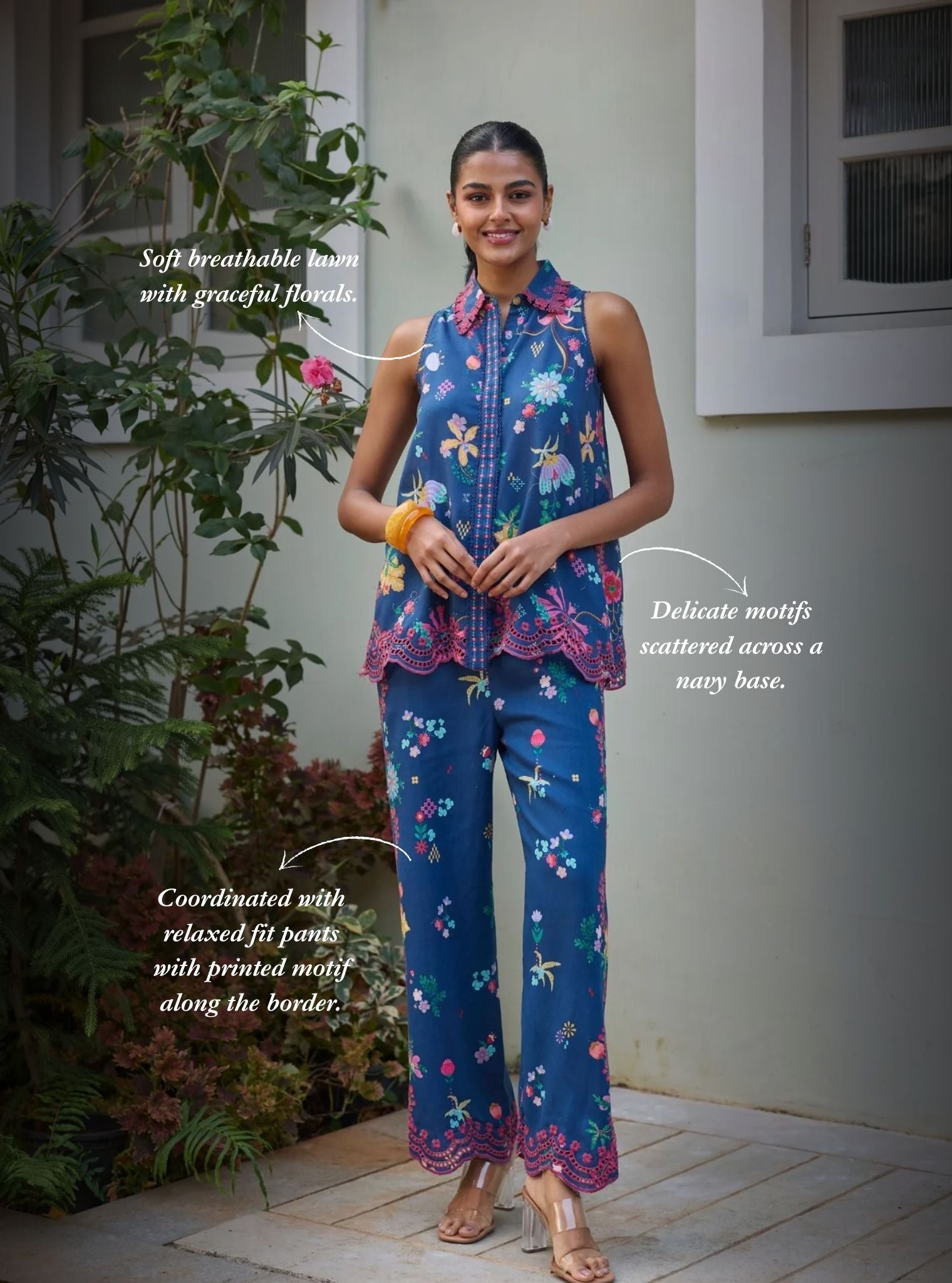 Eshira Linen Printed Navy Co-ord Set
