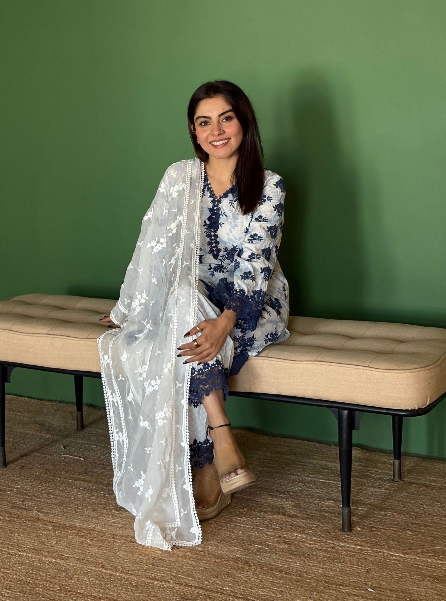 Yamya Supima Cotton Print Blue Kurta Set