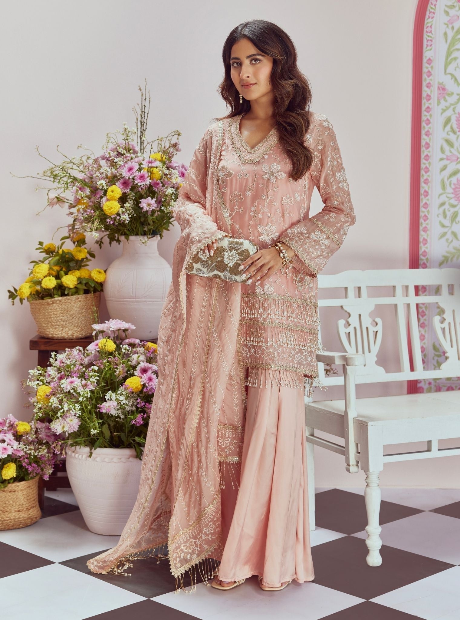 Mulmul Organza Raag Pink Kurta With Mulmul Cupro Satin Raag Pink Sharara