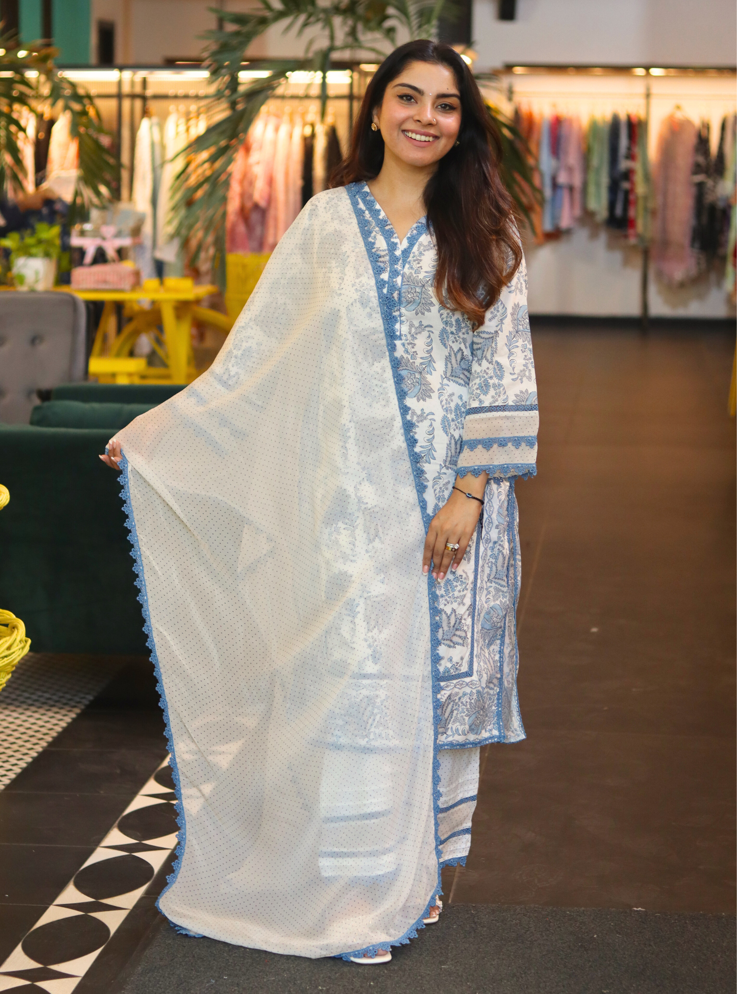 Mulmul Chintz Irina Blue Kurta With Mulmul Chintz Irina Blue Dhoti