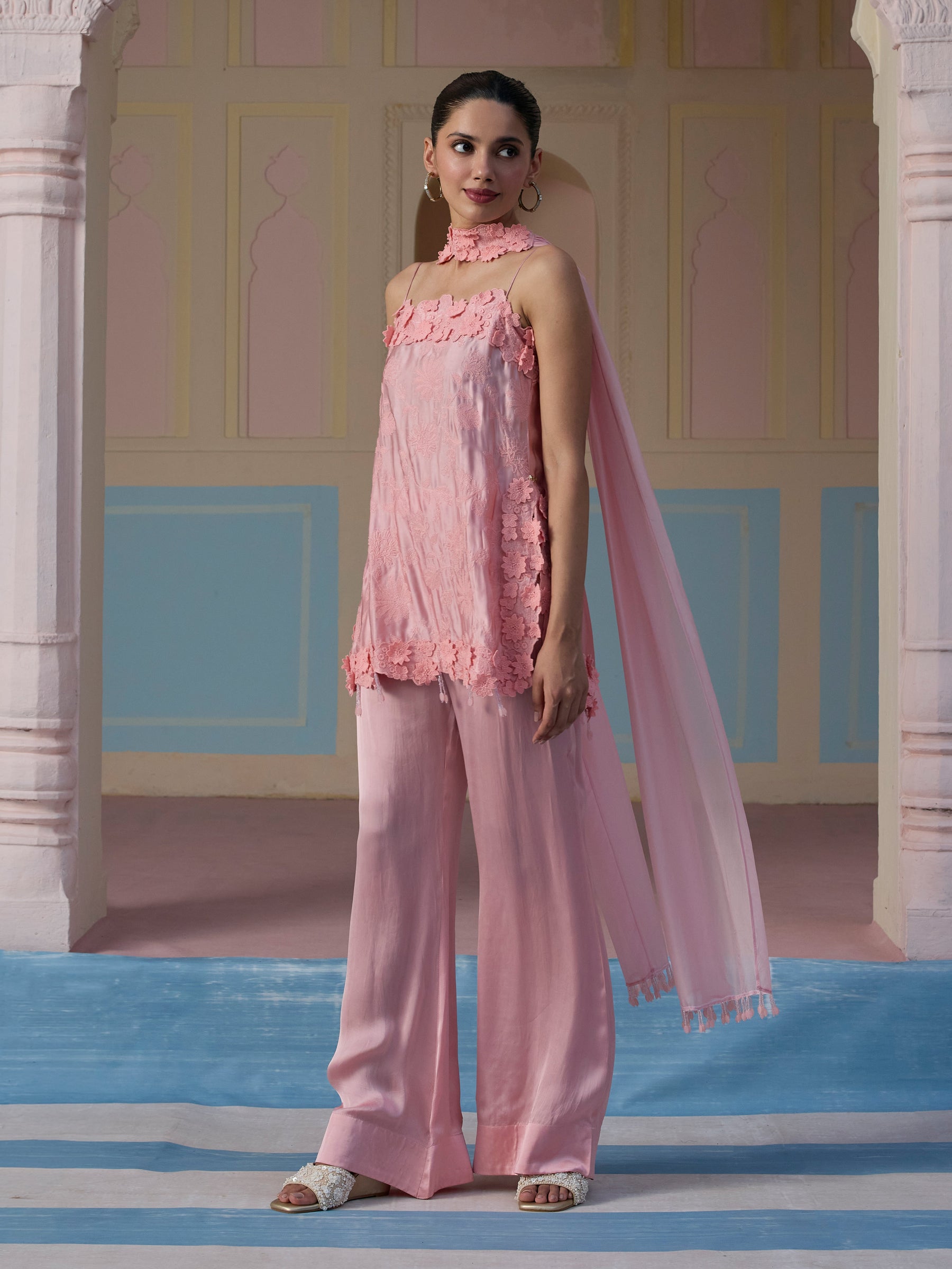 Jheel Cupro Satin Pink Co-ord Set with Scarf