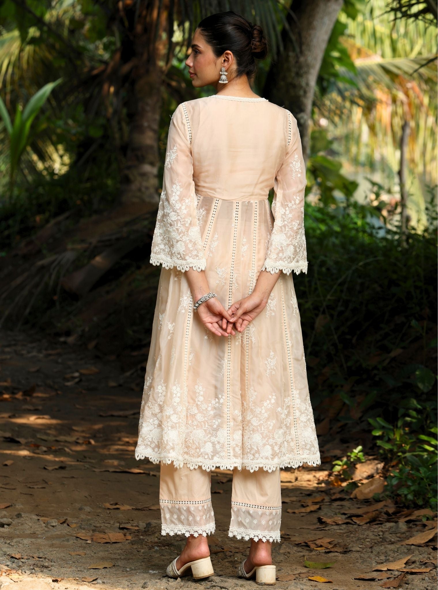 Mulmul Organza Neesa Beige Anarkali Kurta With Mulmul Cotton Neesa Beige Pant