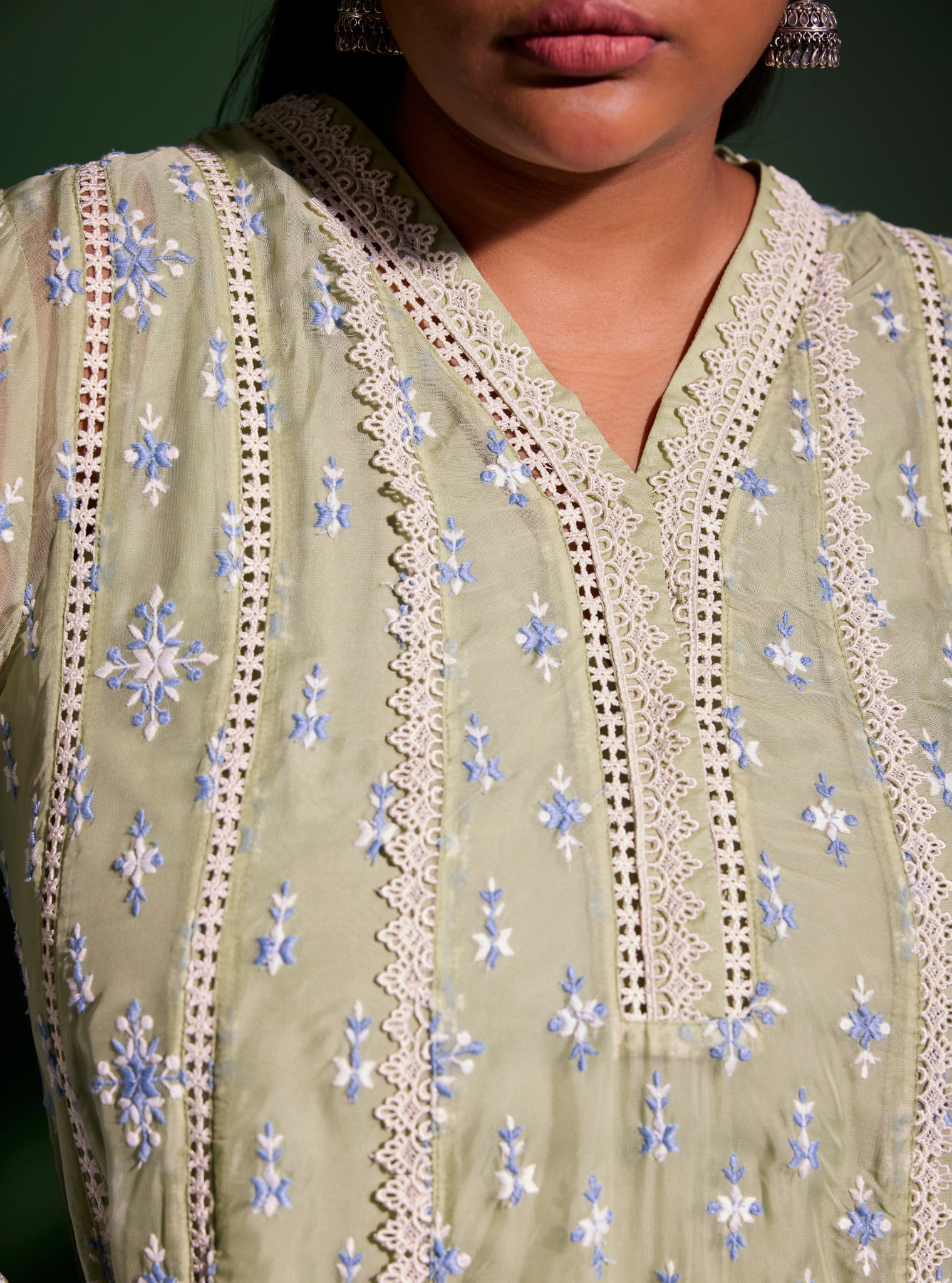 Mulmul Organza Smitha Green Anarkali Kurta With Mulmul Cotton Smitha Green Pant