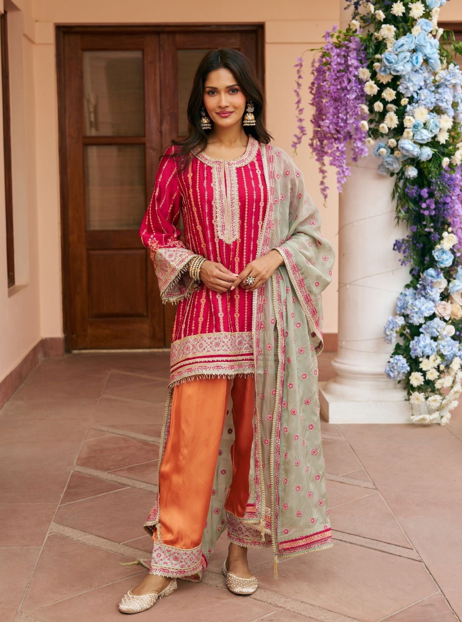 Jhumri Cupro Satin Rani Pink Kurta Set