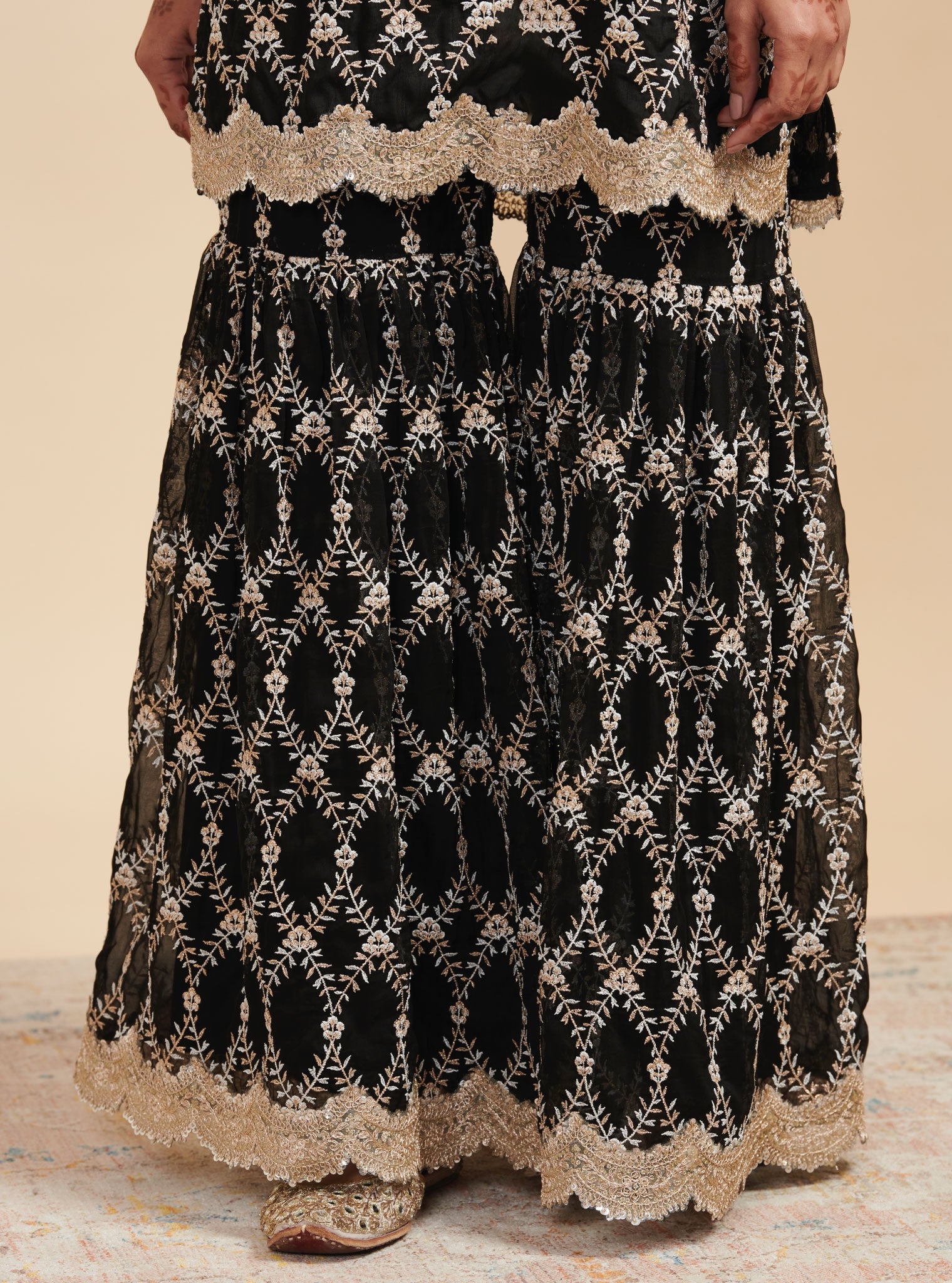 Mulmul Silk Kajra Black Short Kurta With Mulmul Organza Kajra Black Garara