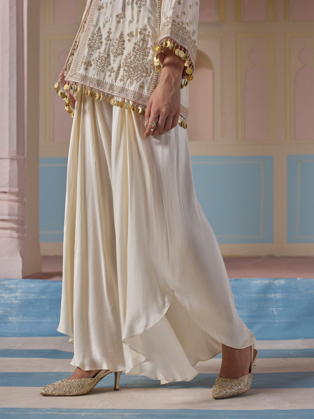 Laado Cupro Satin Off White Kurta with Draped Pants