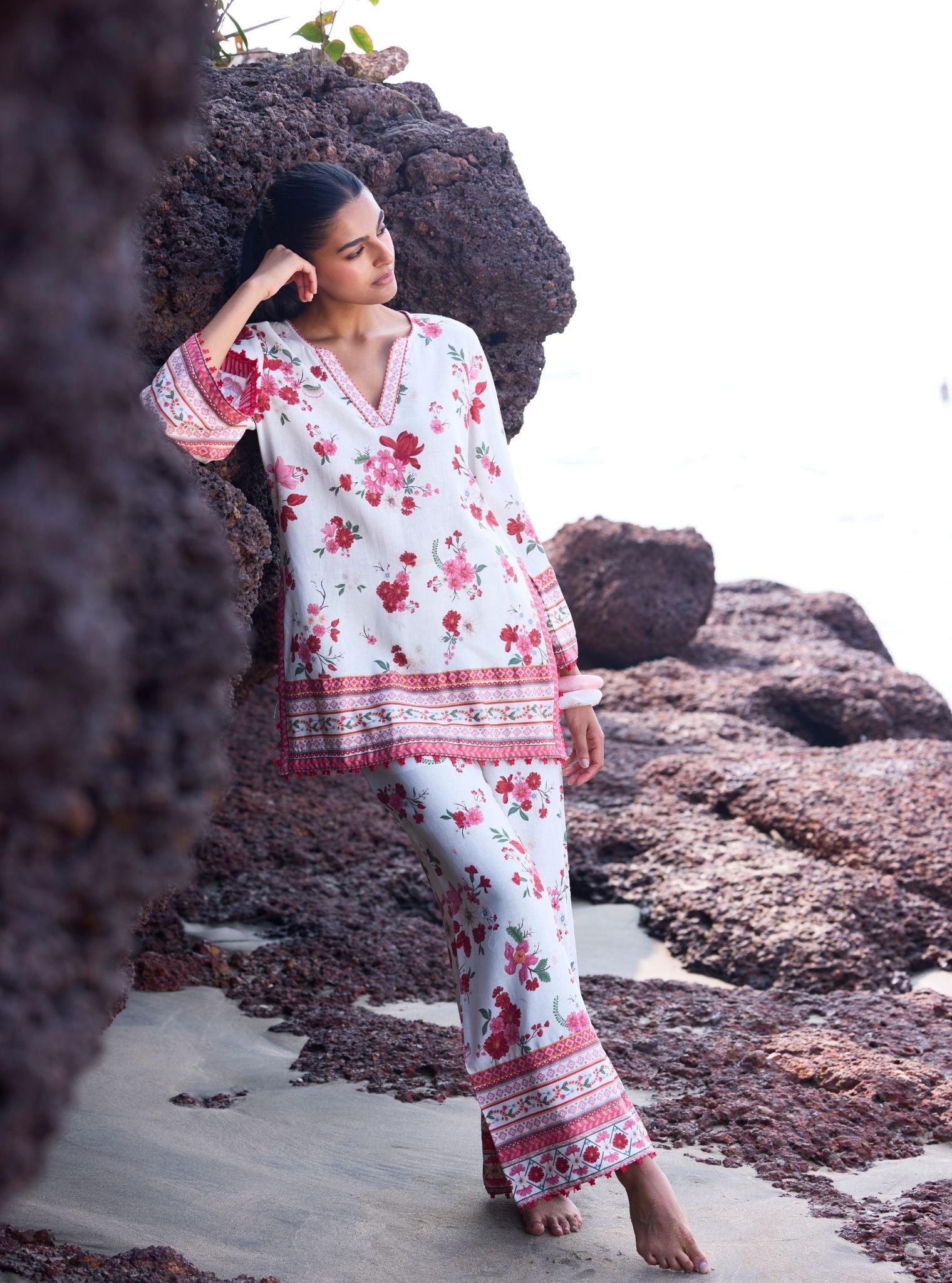 Aelani Linen Printed Blue Top Set