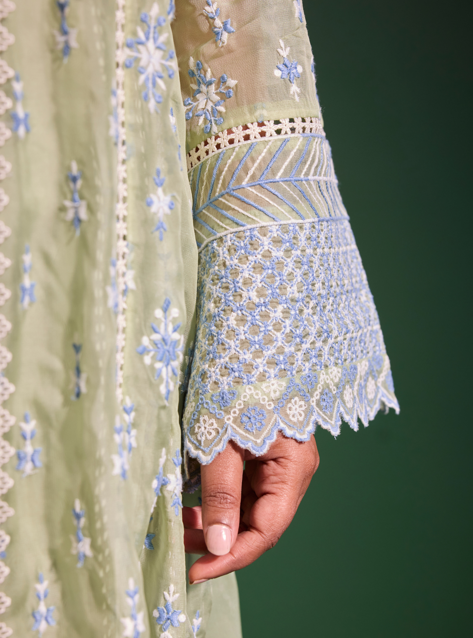 Mulmul Organza Smitha Green Anarkali Kurta With Mulmul Cotton Smitha Green Pant