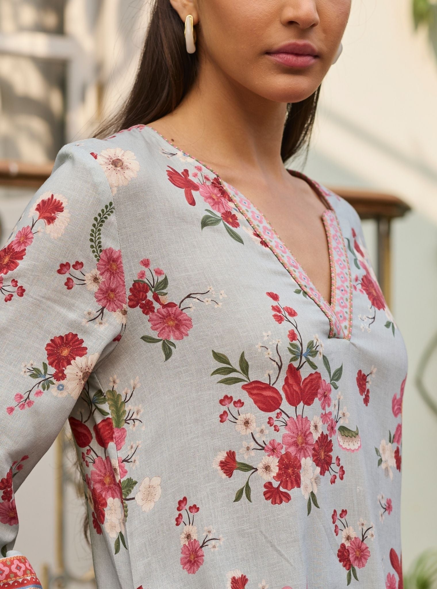Aelani Linen Printed Blue Top Set