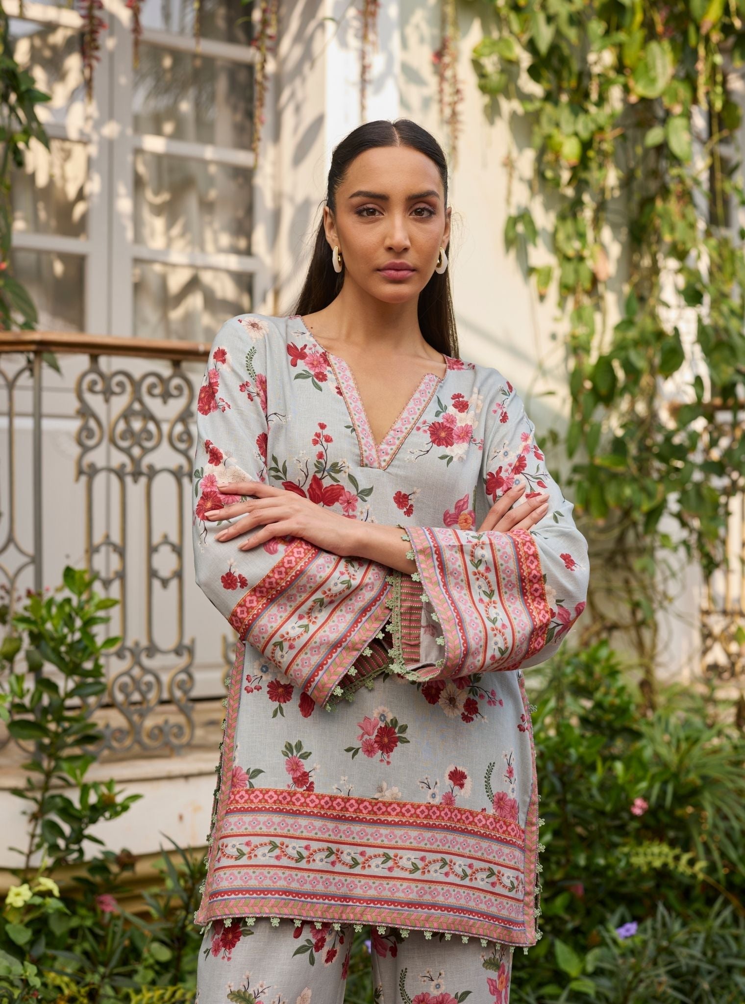 Aelani Linen Printed Blue Top Set