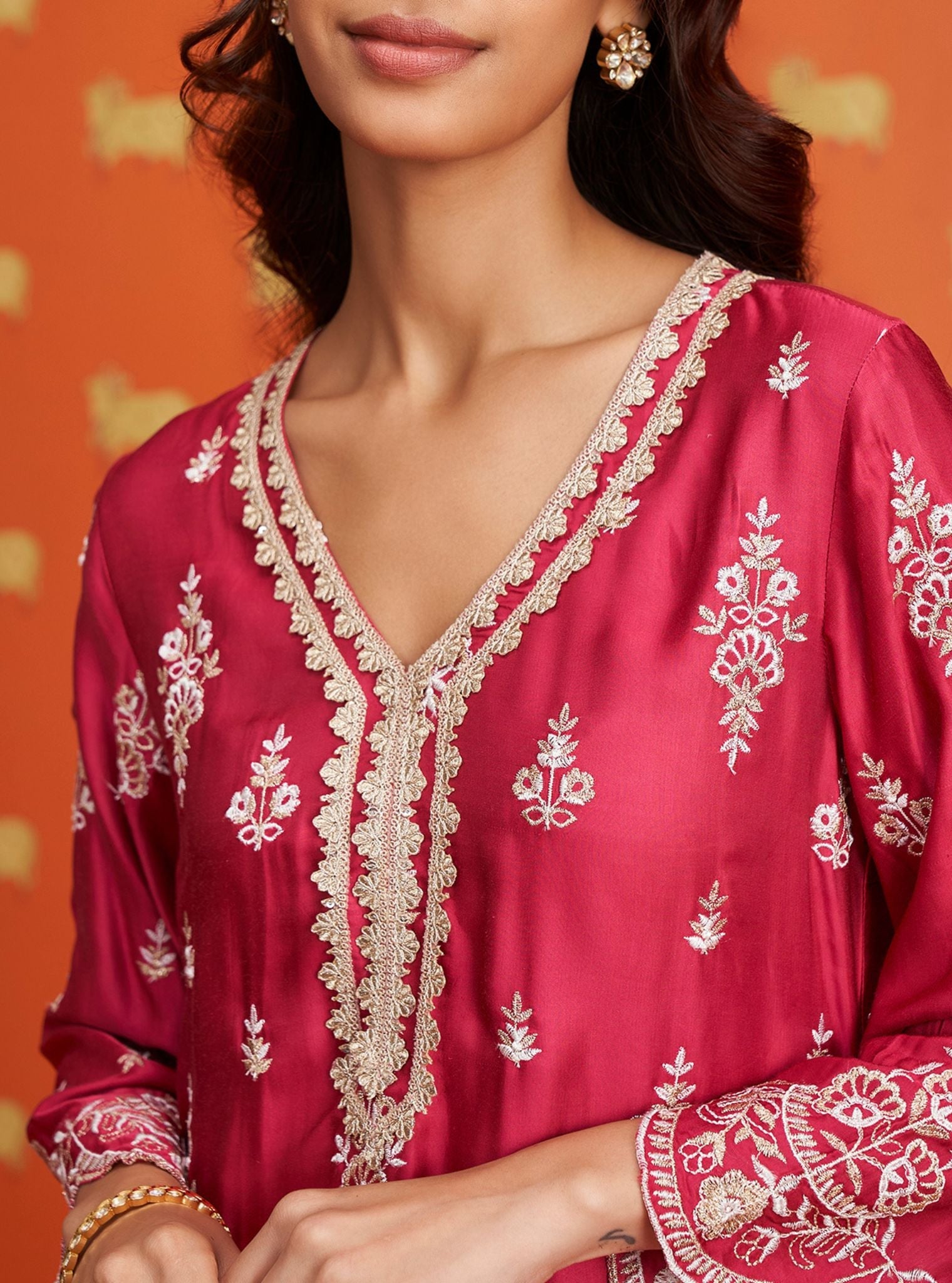 Emon Cupro Satin Fuschia Kurta With Orange Pant