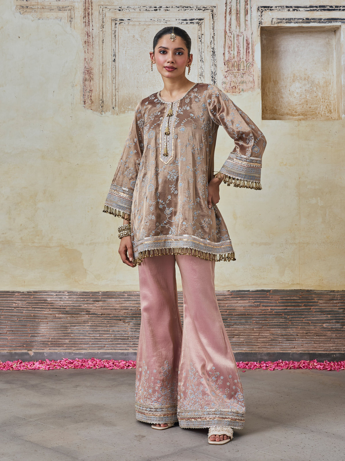 Odhira Tissue Organza Brown & Pink Kurta Set